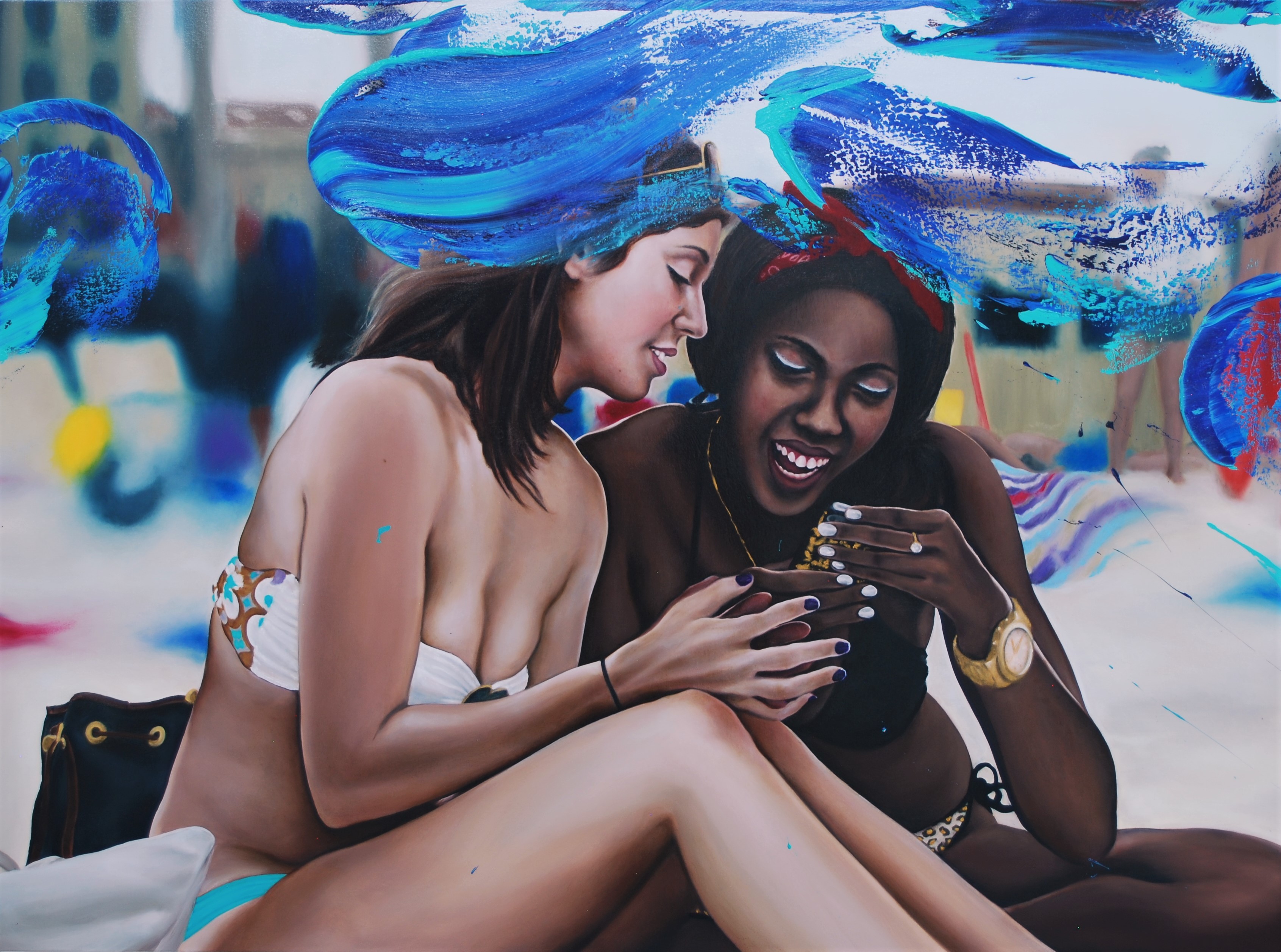 A painting of two women sitting on a beach looking at their cell phones.