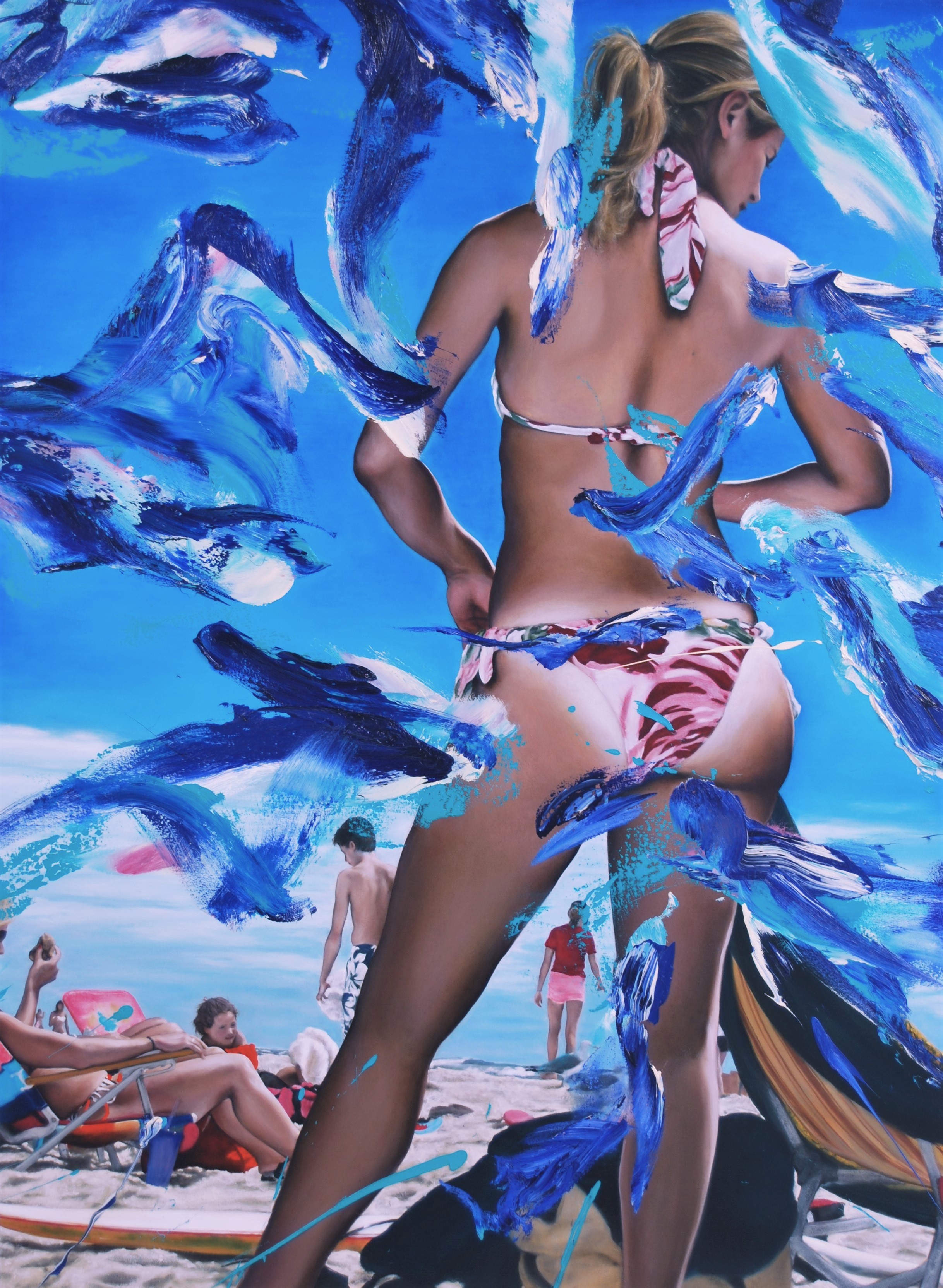 A painting of a woman in a bikini on the beach.