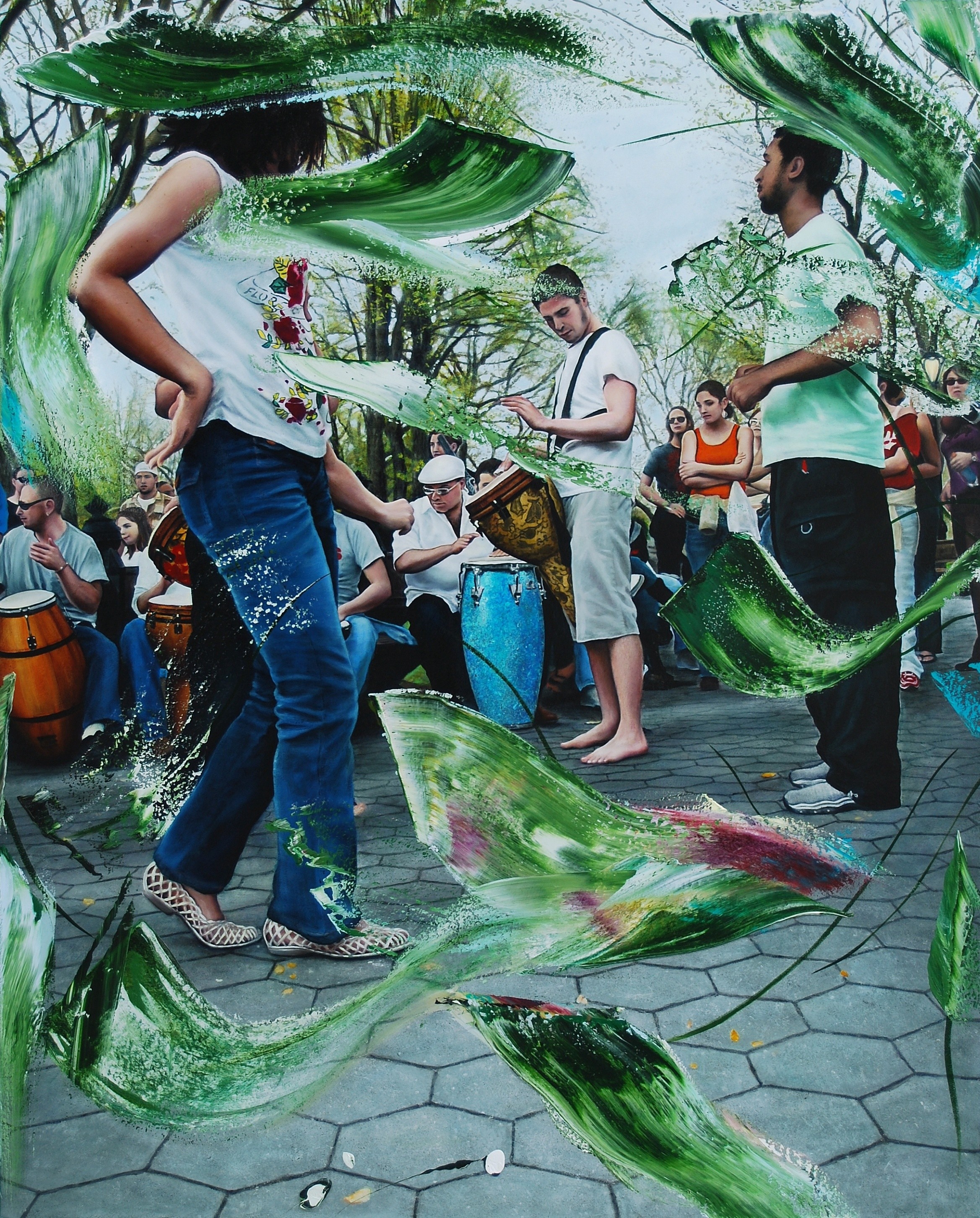 A group of people playing drums in front of a crowd of people.