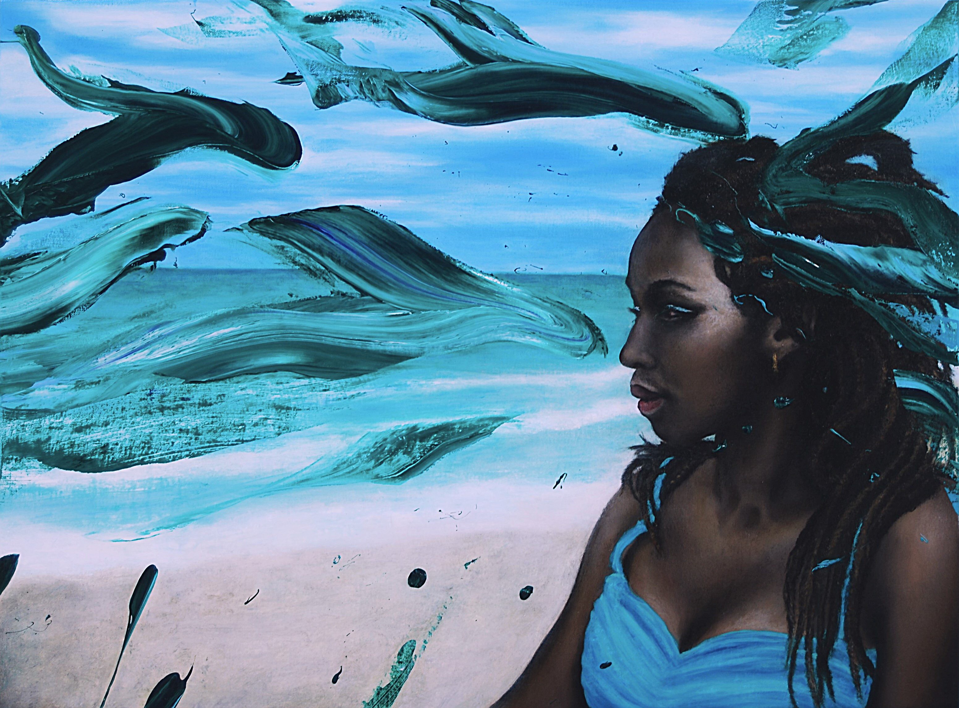 A portrait of a figure in profile against a turbulent, abstract seascape.