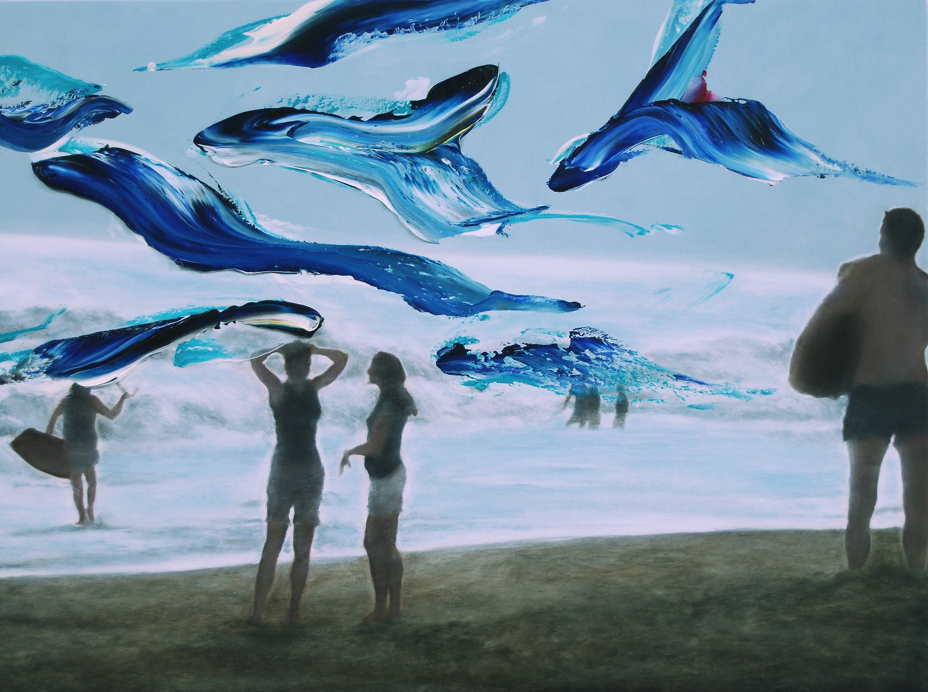 A surreal beach scene where blue whale-like forms float above a group of people on the shore.