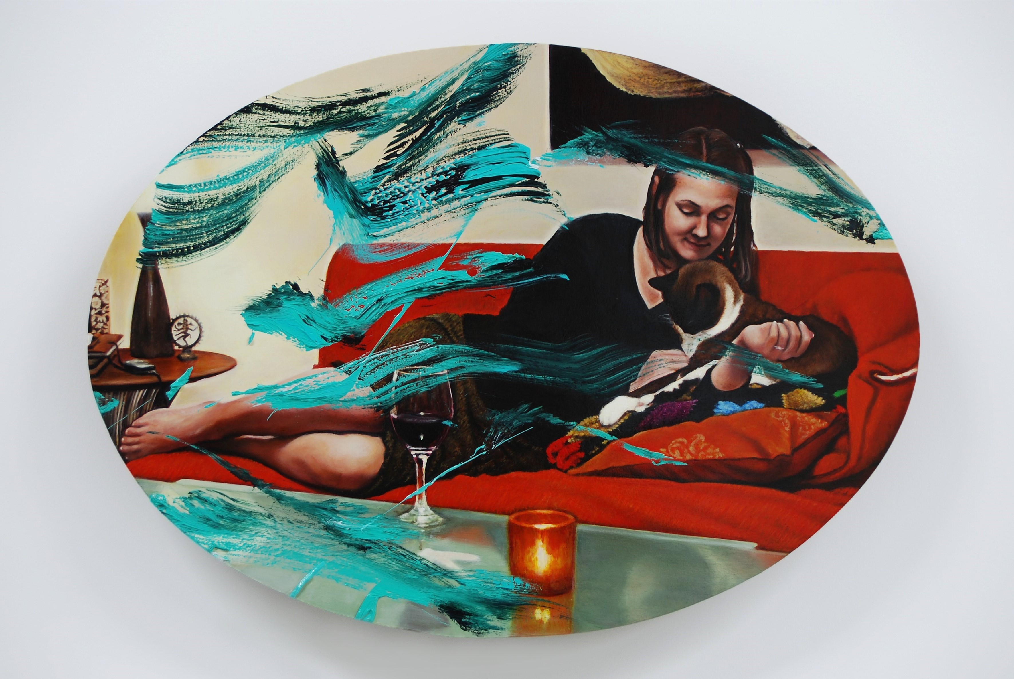 A surreal painting of a person relaxing on a red sofa with a dog, surrounded by abstract blue brushstrokes and domestic objects.