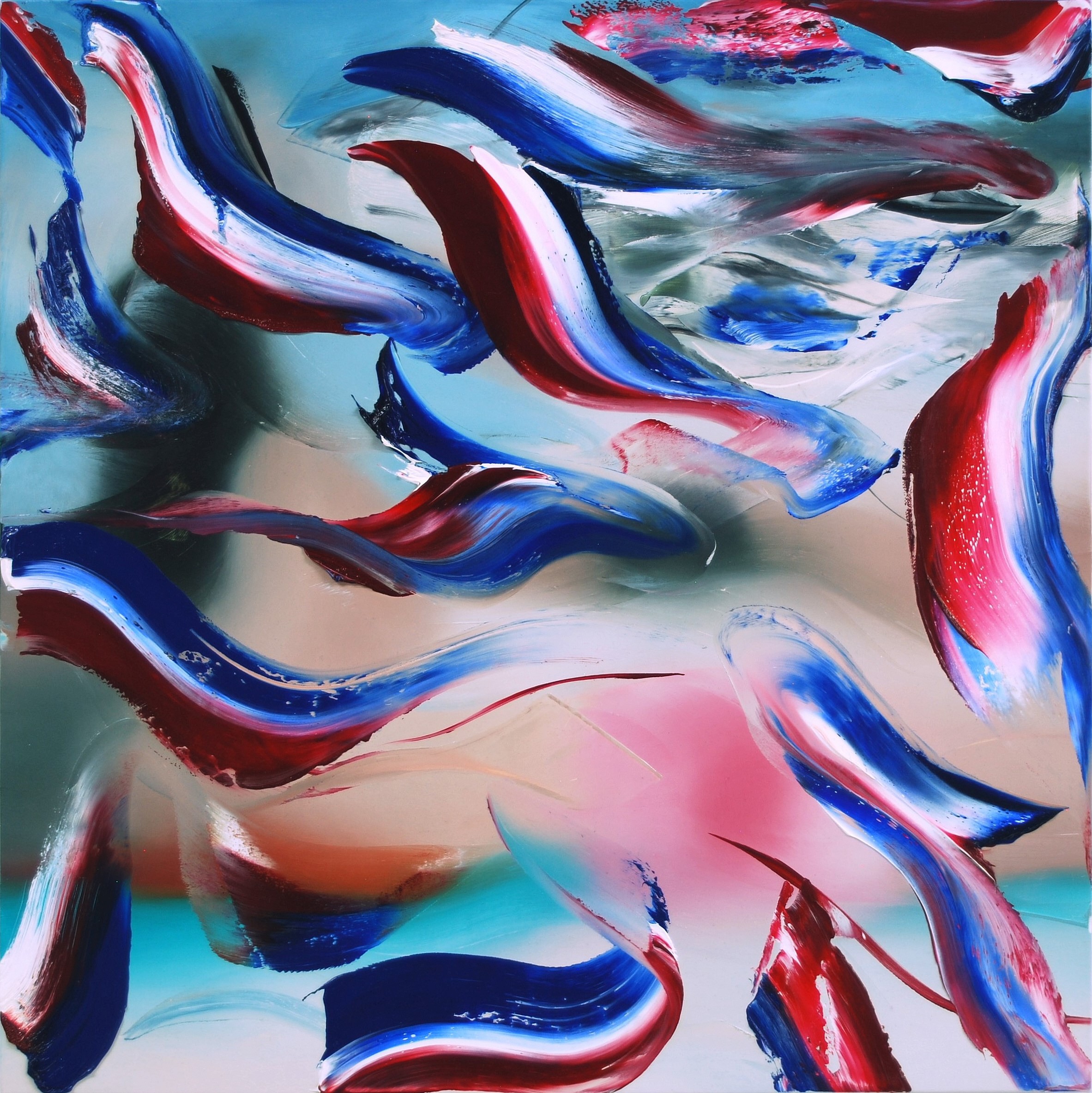 A dynamic abstract composition featuring bold, flowing brushstrokes in red, white, and blue against a soft background.