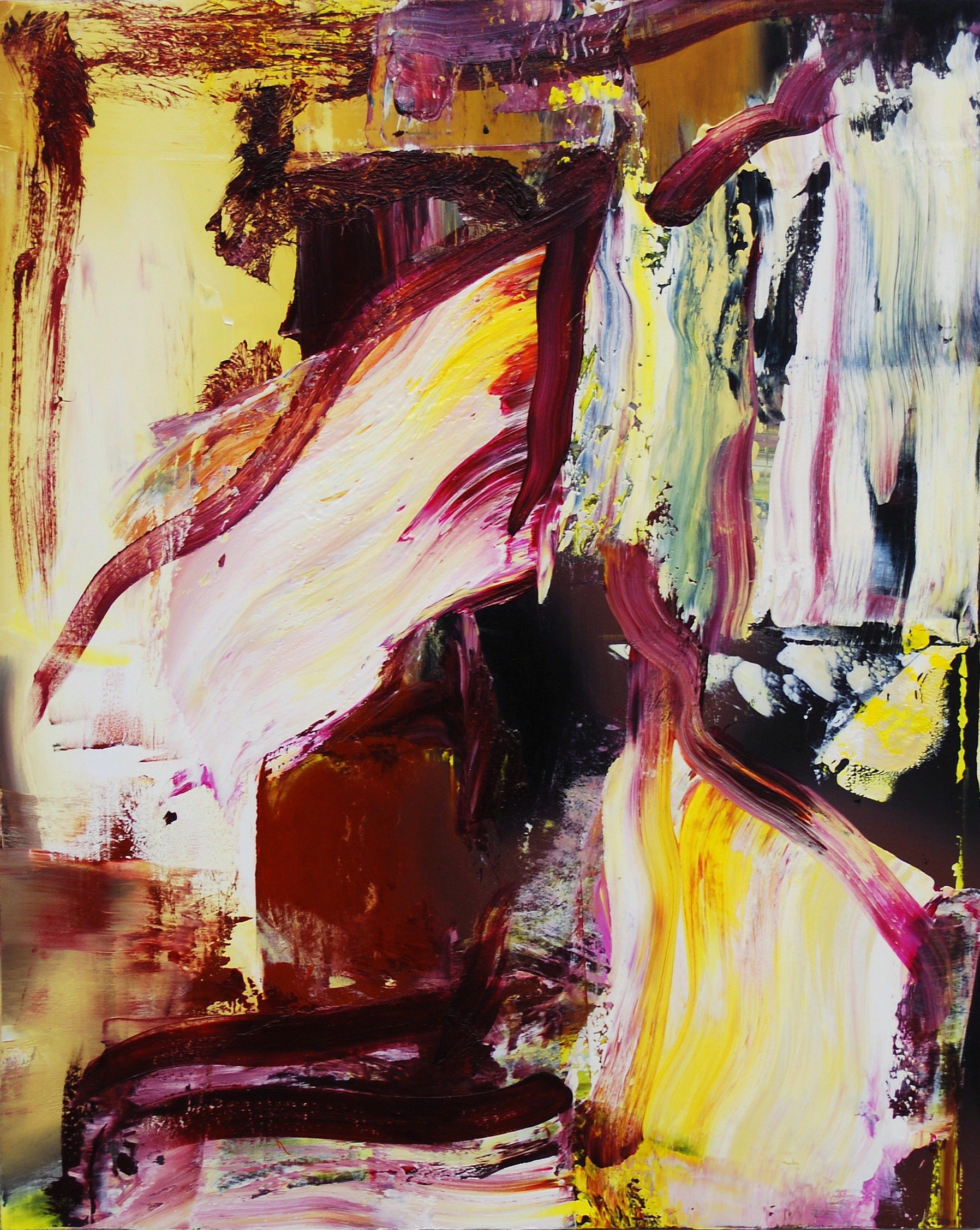 An abstract expressionist painting featuring bold, layered brushstrokes in warm and cool tones.