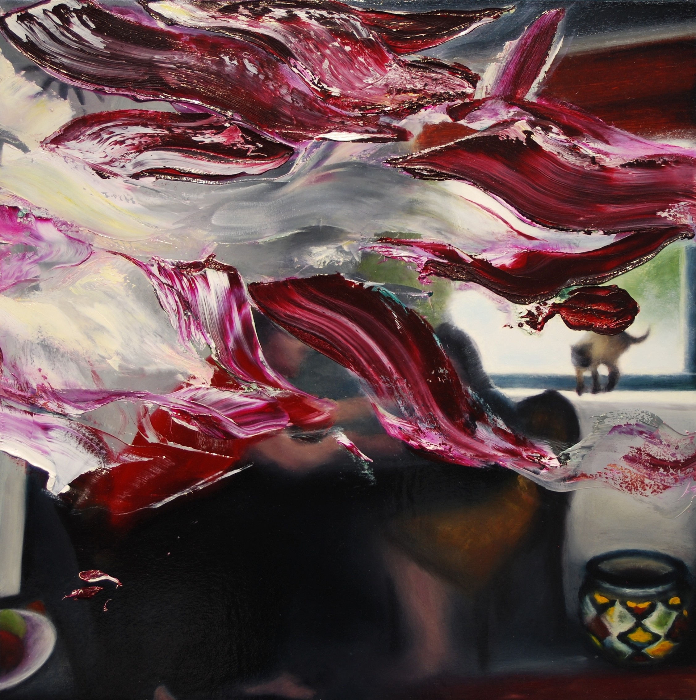 A bold, abstract painting featuring thick red and white brushstrokes over a dark interior scene with a cat.