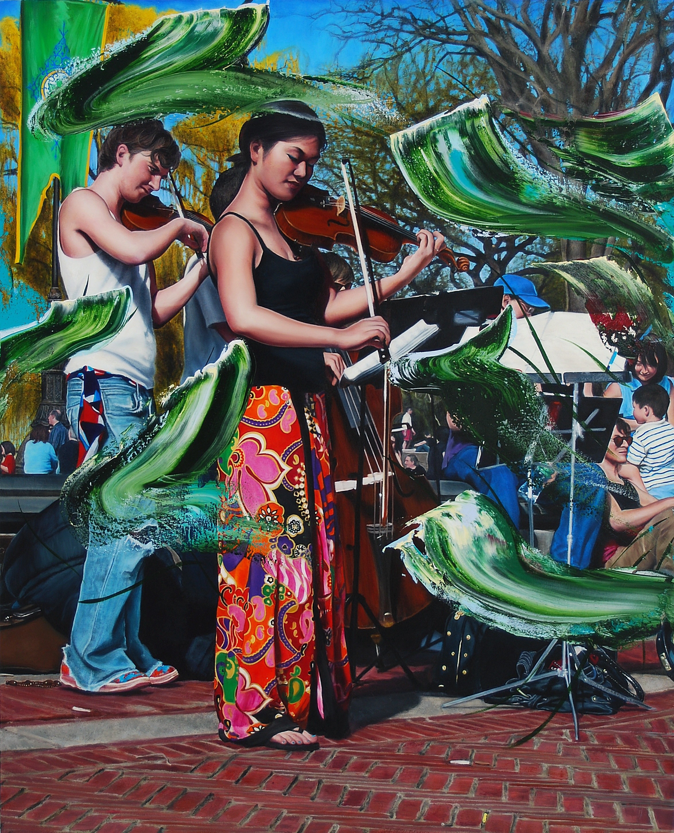 A painting of a woman playing a violin and a man playing a cello.