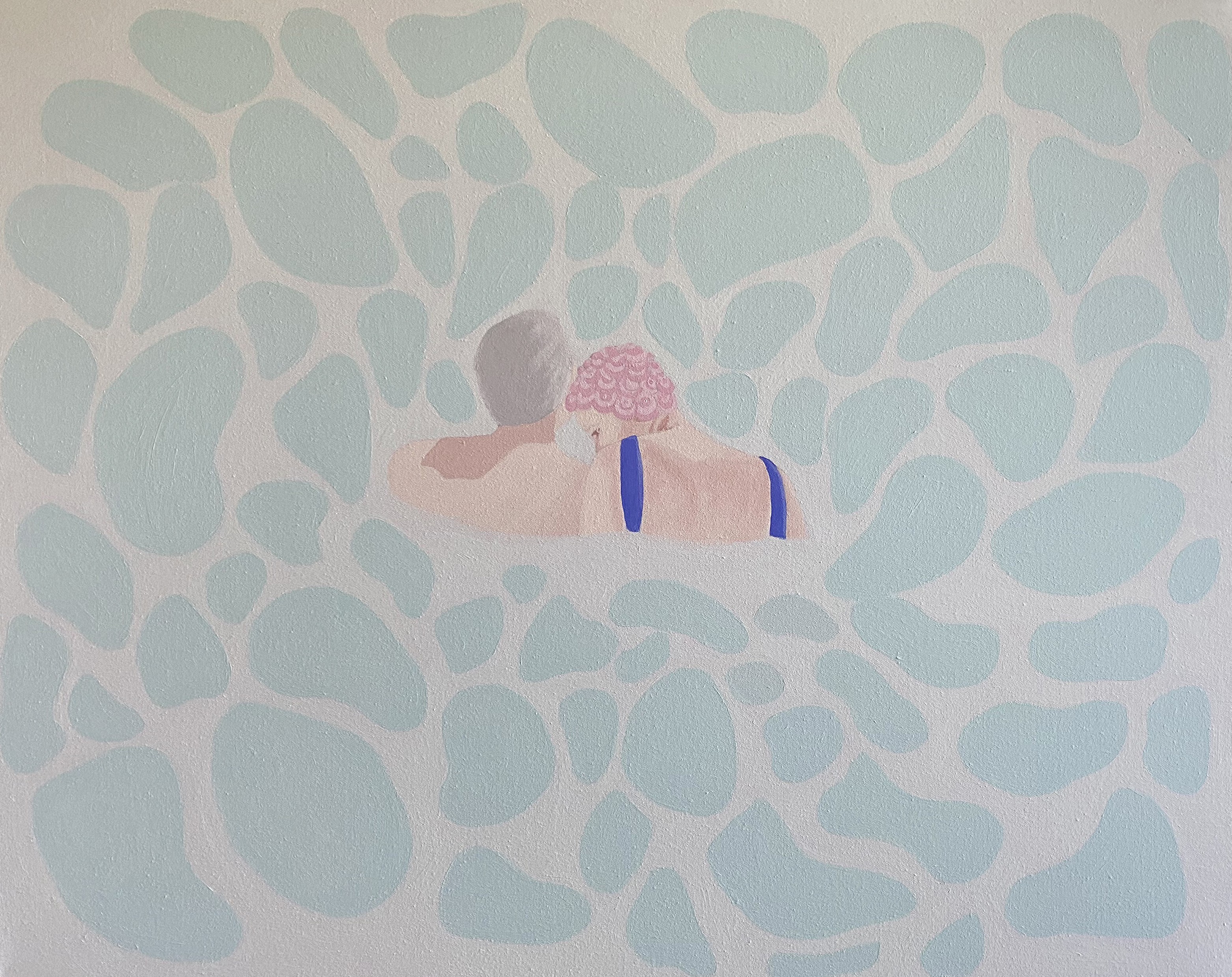 A soft, pastel painting of two figures embracing against a patterned background.