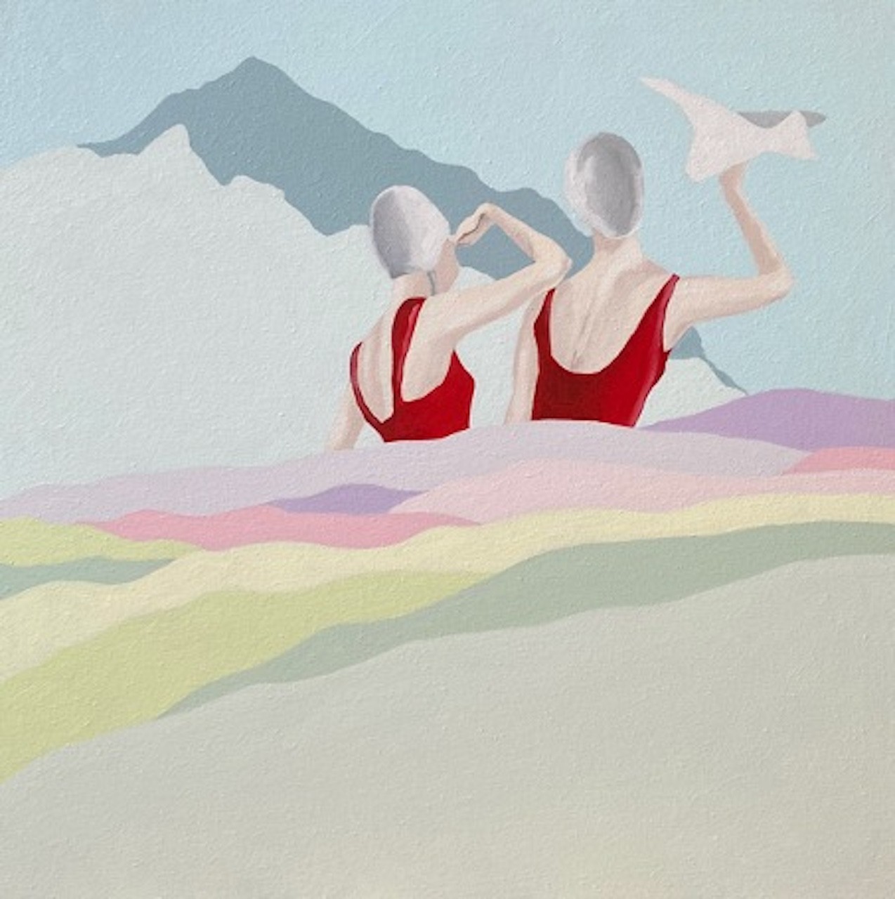 Two faceless figures in red swimsuits sit on a pastel-colored hill, one holding a paper airplane while the other forms a heart with their hands.