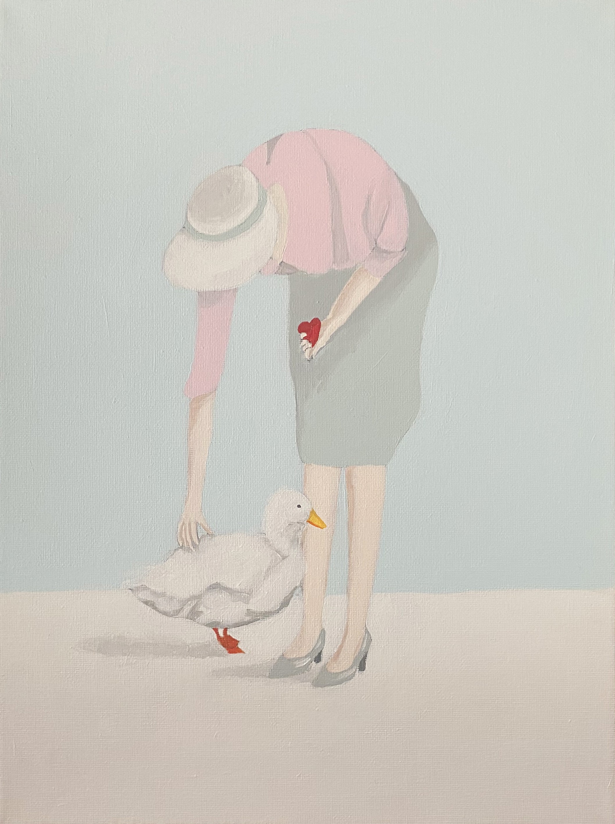A painting of a woman feeding a duck with a heart.