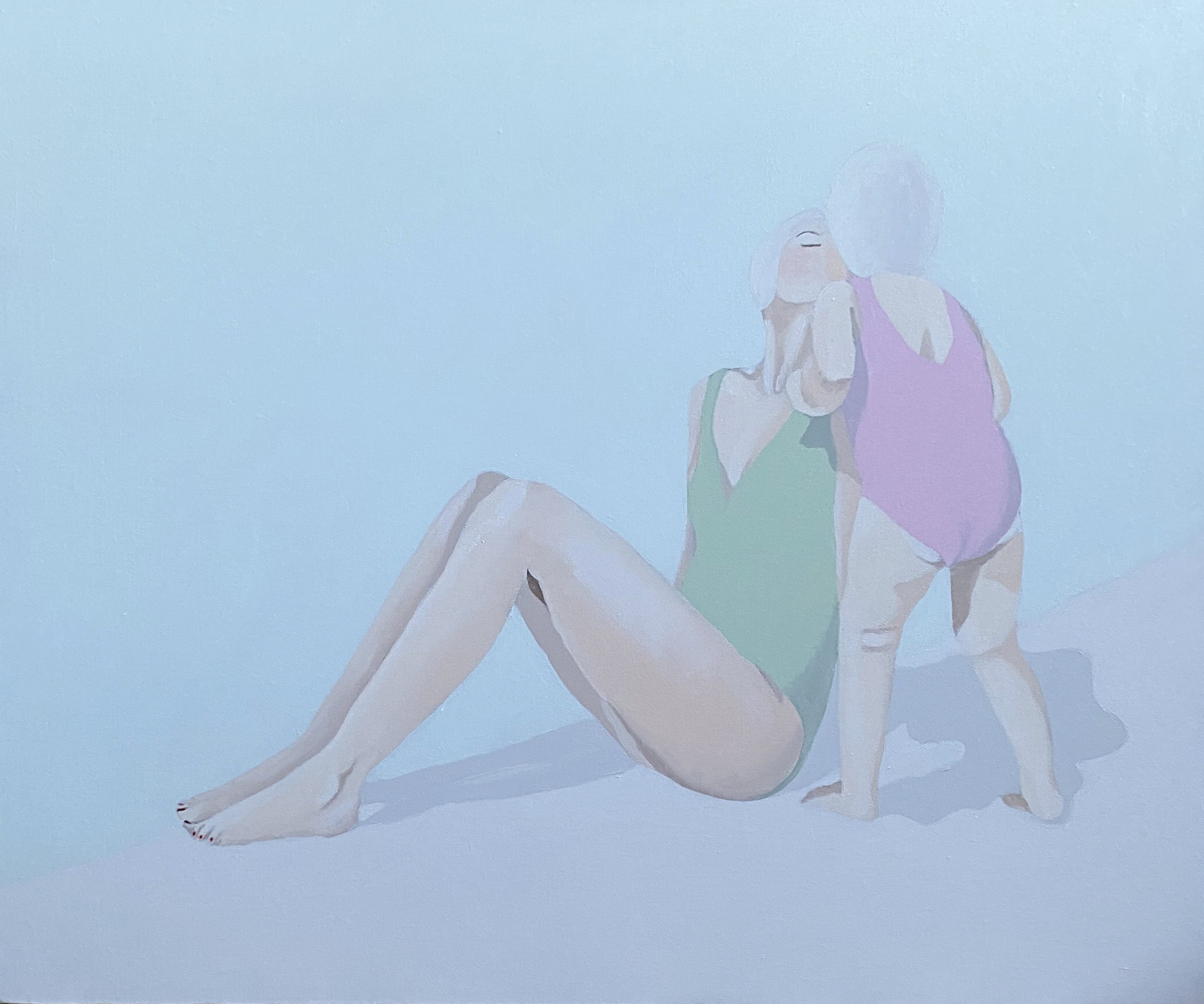 A soft, pastel painting of two figures in one-piece swimsuits sharing a quiet moment against a light blue background.
