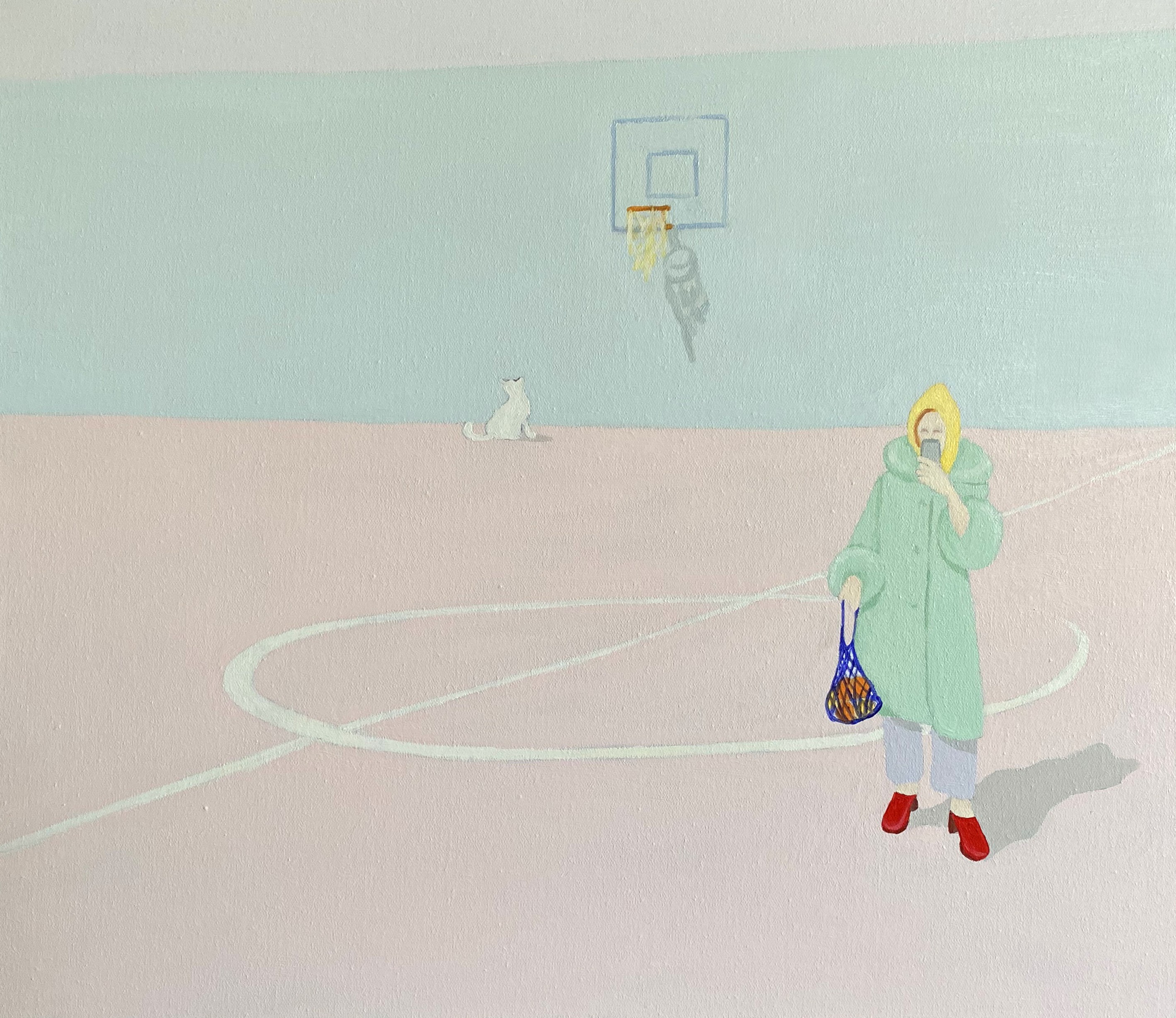 A painting of a person standing on a basketball court.