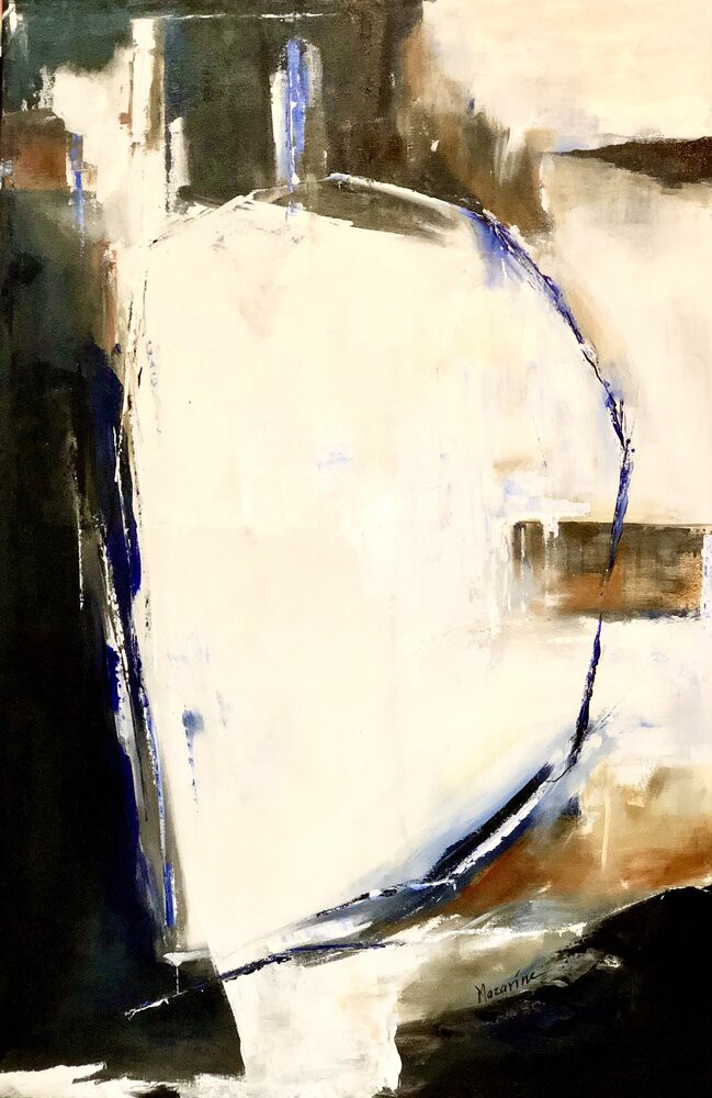 An abstract composition featuring a large white shape against a dark background with blue and brown accents.