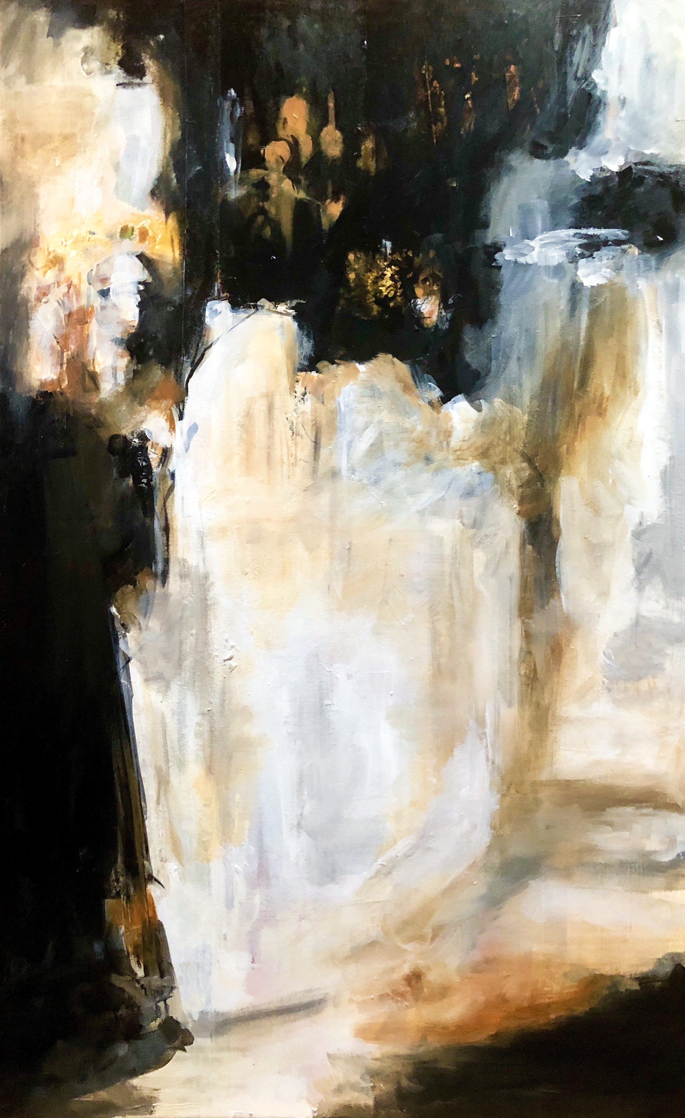 A moody, abstract painting of a figure in a dark room with dramatic lighting.