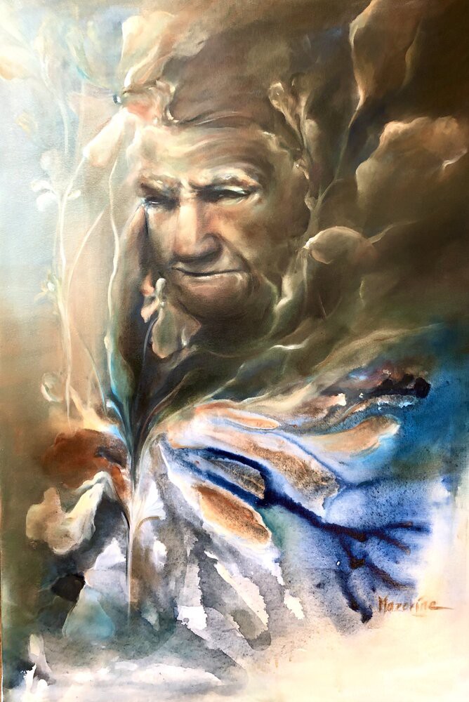 A painting of a man with a flower in his hand.
