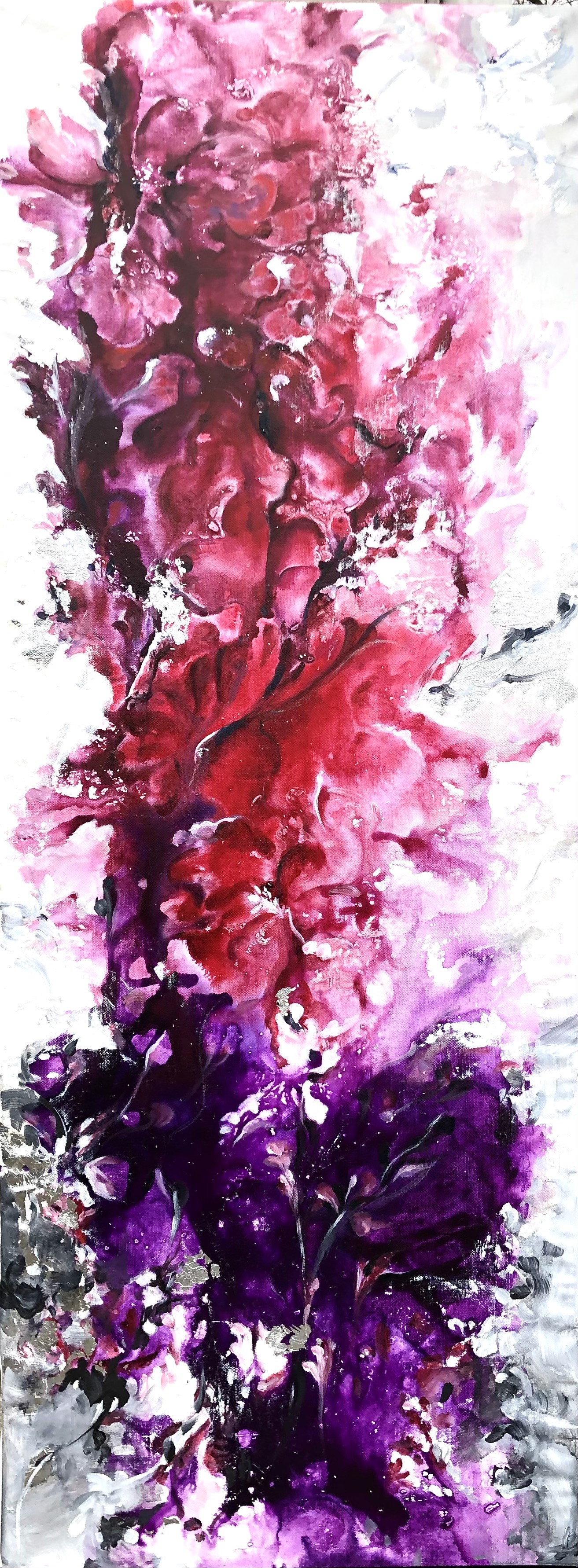 A painting of a purple and red flower on a white background.