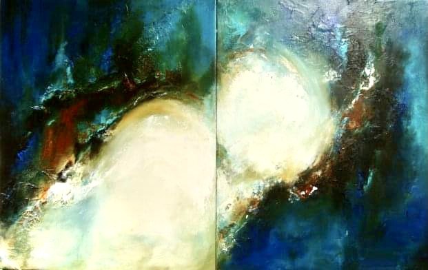 A diptych of abstract landscapes featuring swirling celestial bodies against deep blue skies.