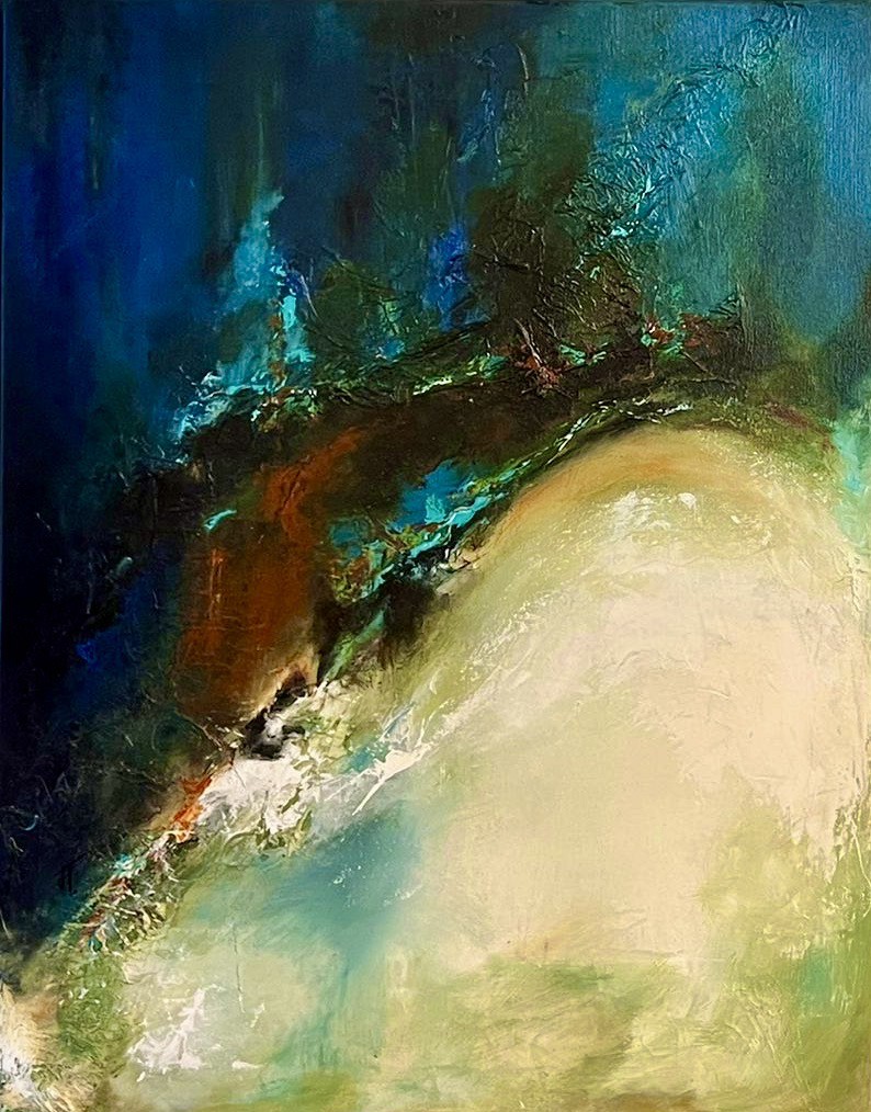 A diptych of abstract landscapes featuring swirling celestial bodies against deep blue skies.