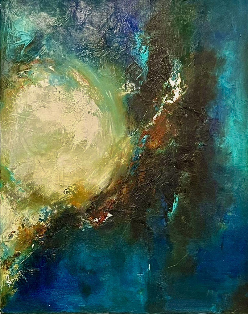 A diptych of abstract landscapes featuring swirling celestial bodies against deep blue skies.