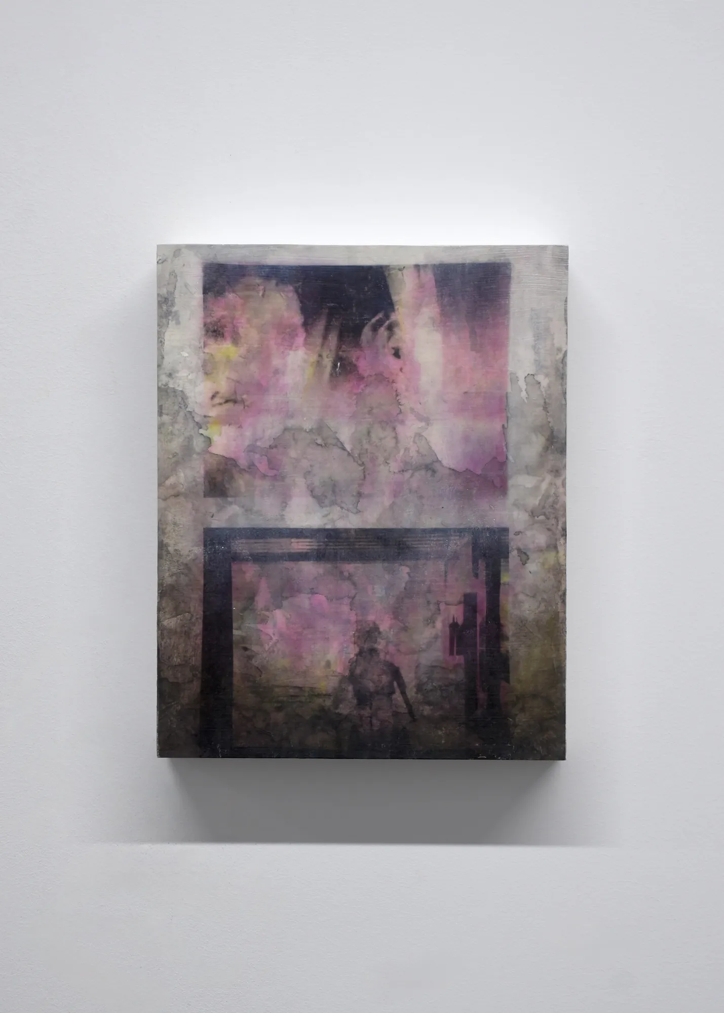 A layered mixed-media artwork featuring a figure in a dark frame against a textured, abstract background.