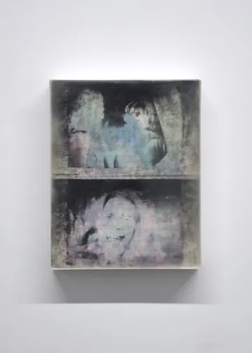 A diptych painting featuring two figures in a muted, textured palette.