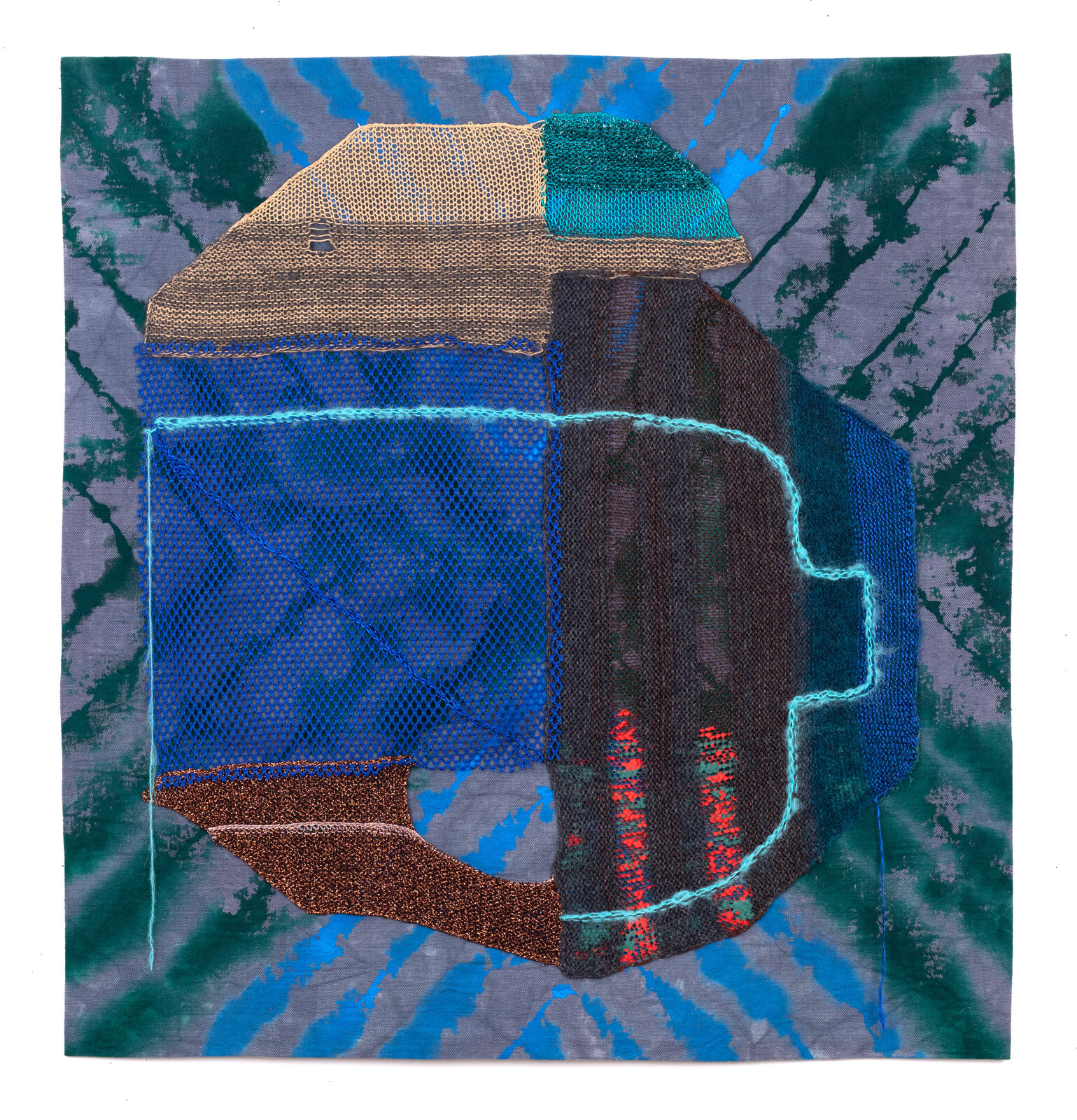 A textured textile artwork featuring a stylized helmet-like form against a tie-dye background.