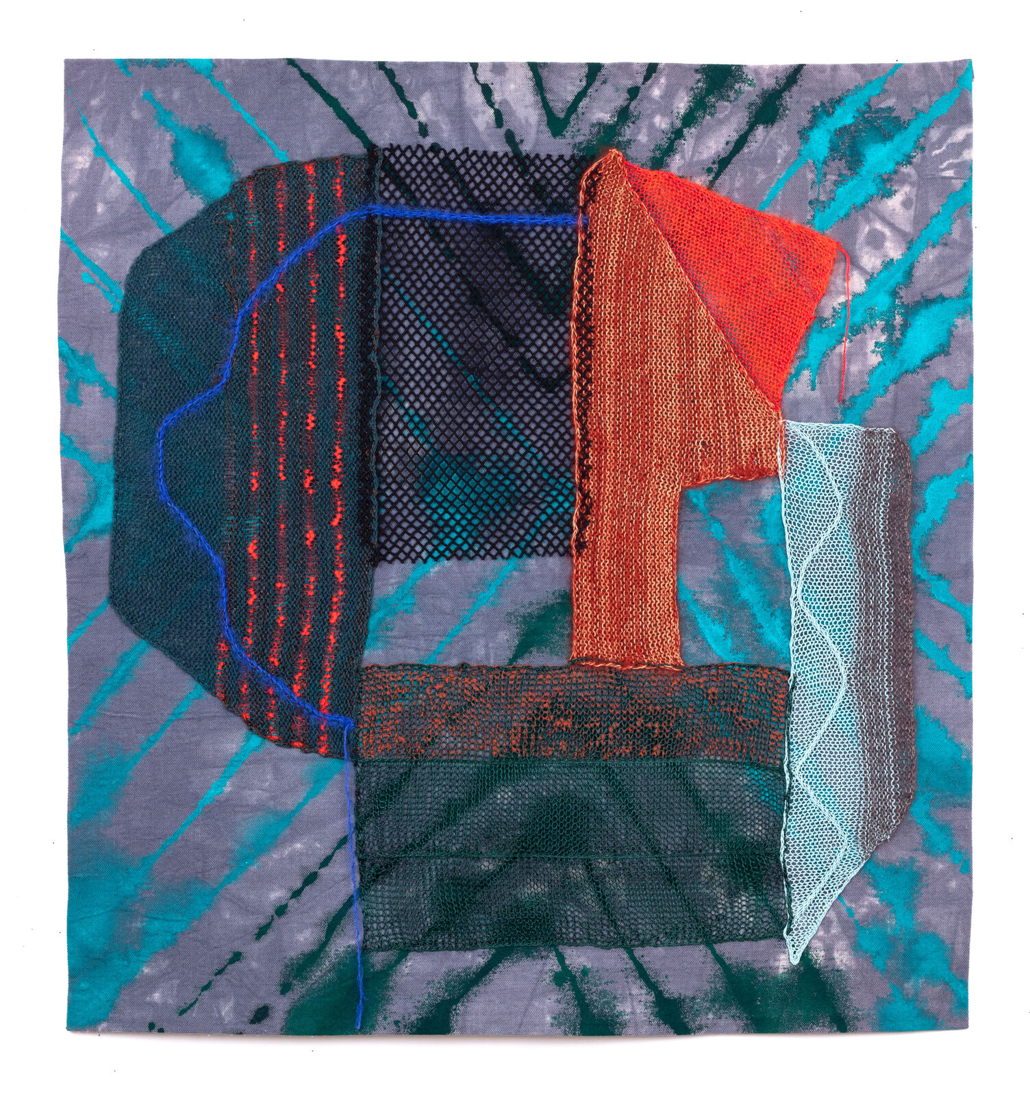 A textile collage featuring layered fabrics and abstract shapes.