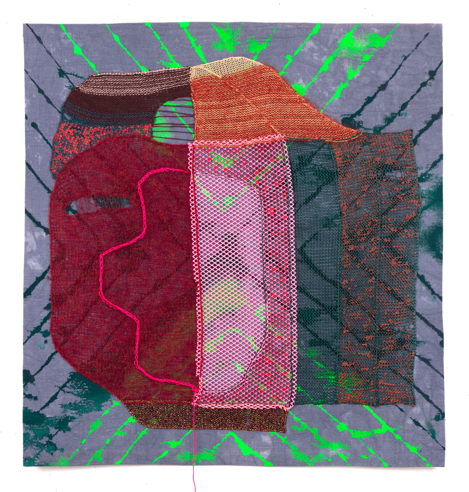 A textured textile artwork featuring a stylized face with vibrant colors and mixed media elements.