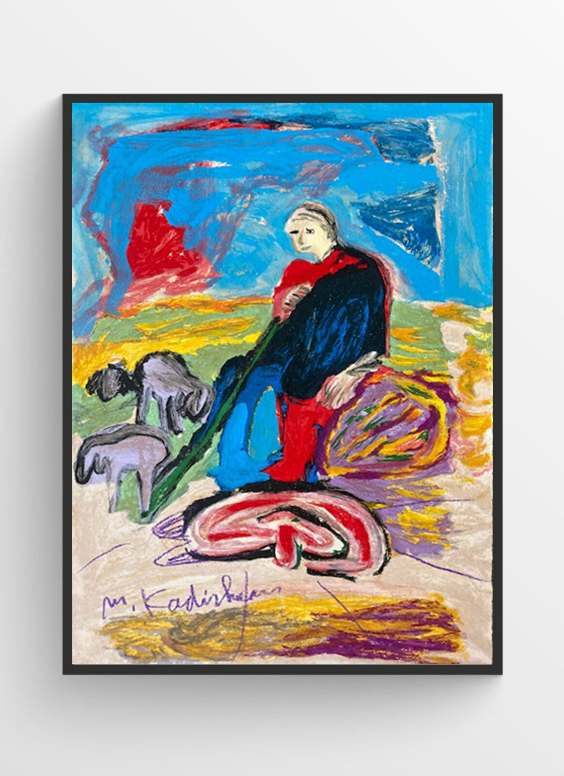 A painting of a woman sitting on a rock with a dog.