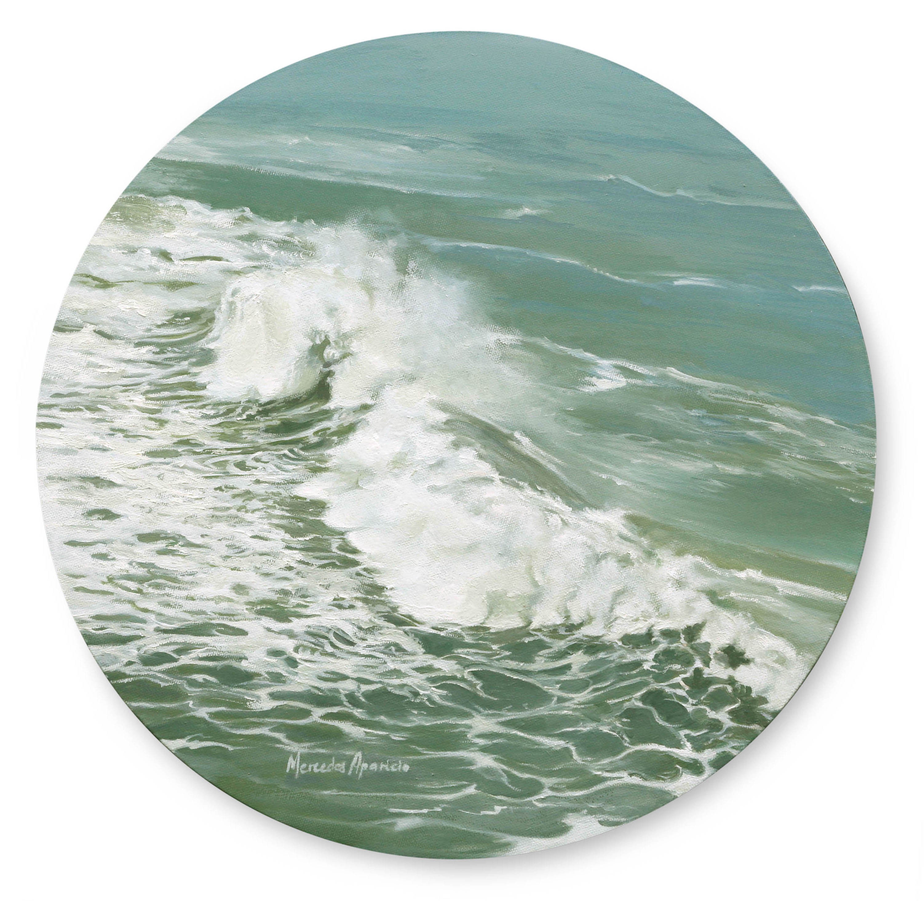 A circular painting of a green ocean wave crashing with white foam.
