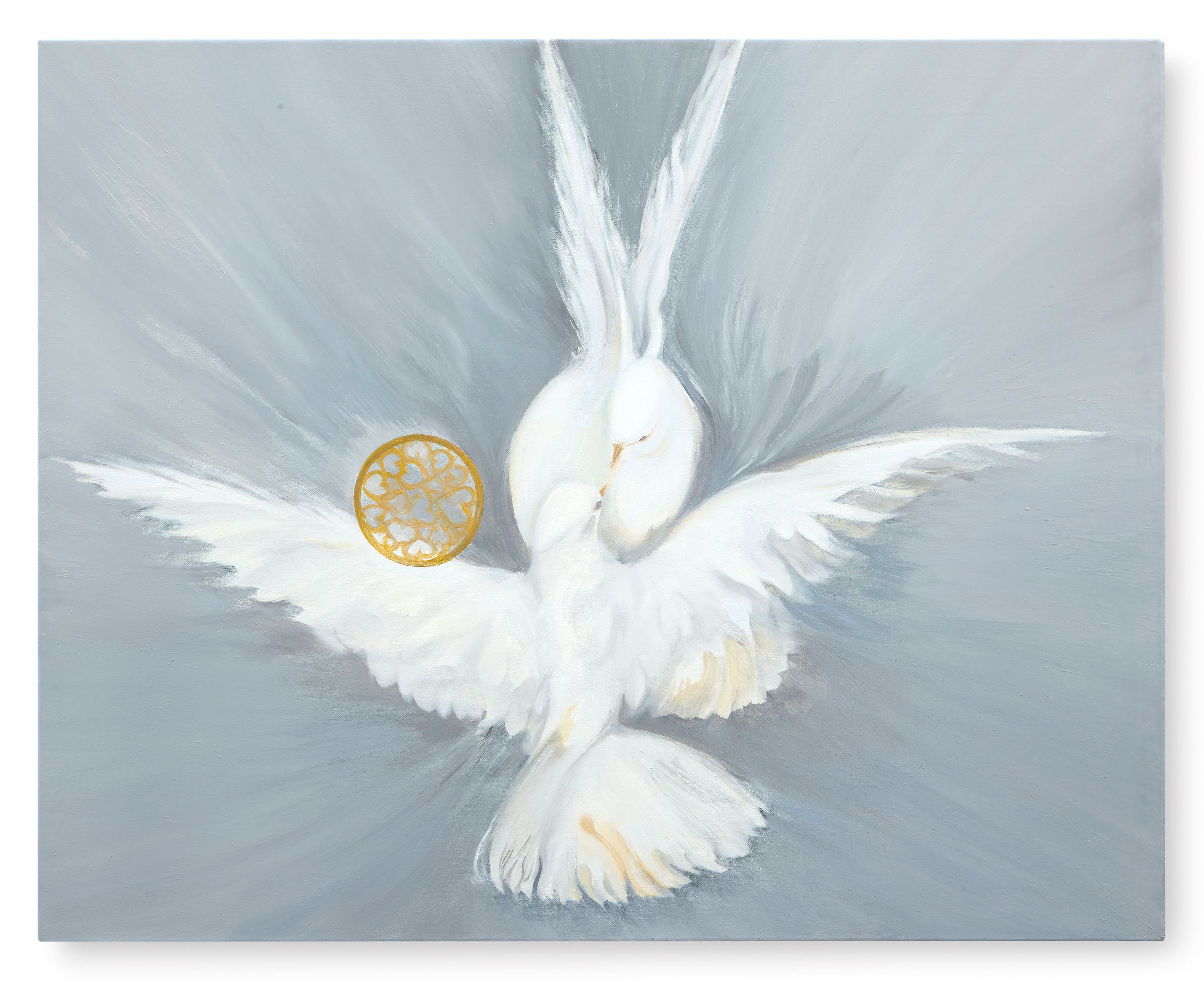A painting of a white dove with a gold medallion in its beak.