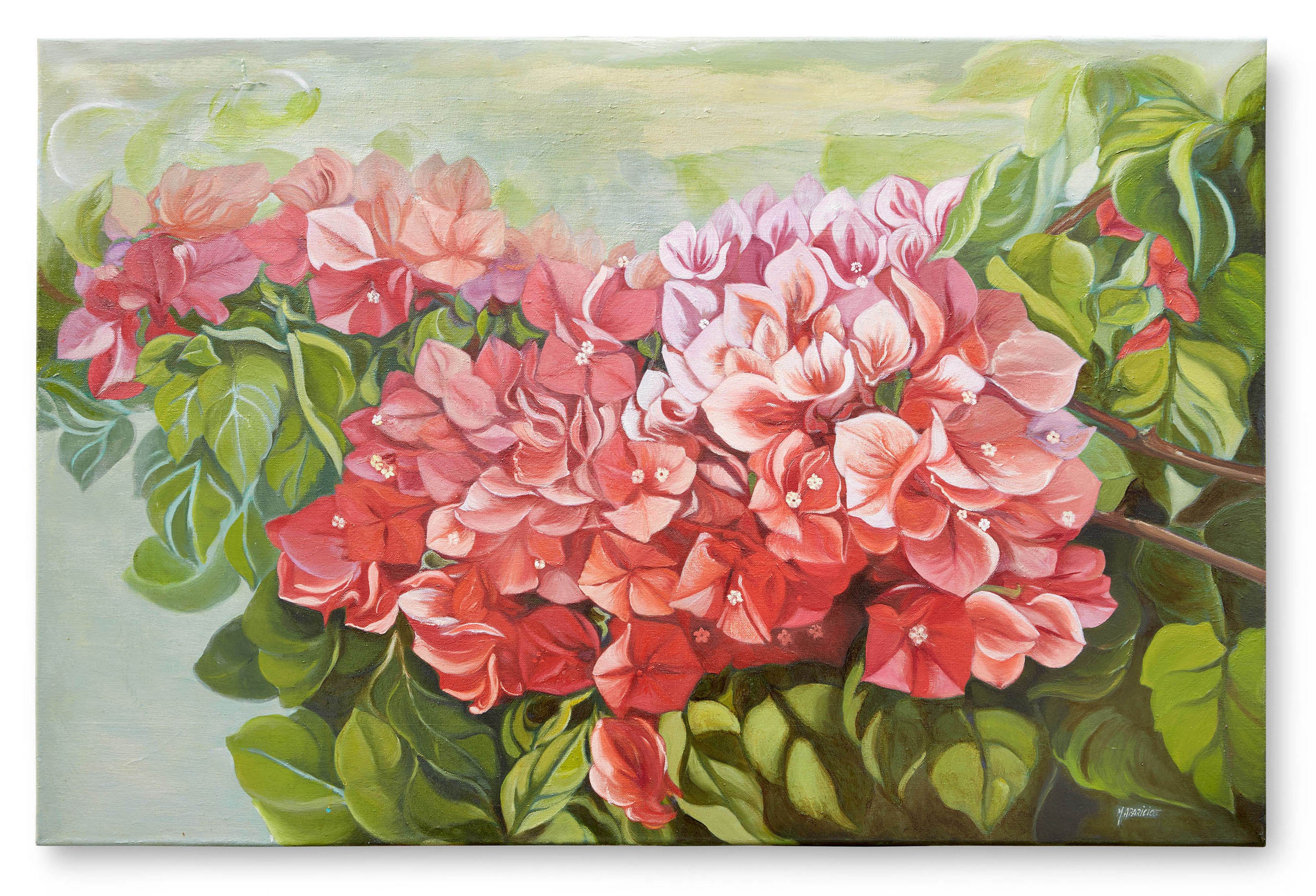 A painting of pink and red flowers on a green background.