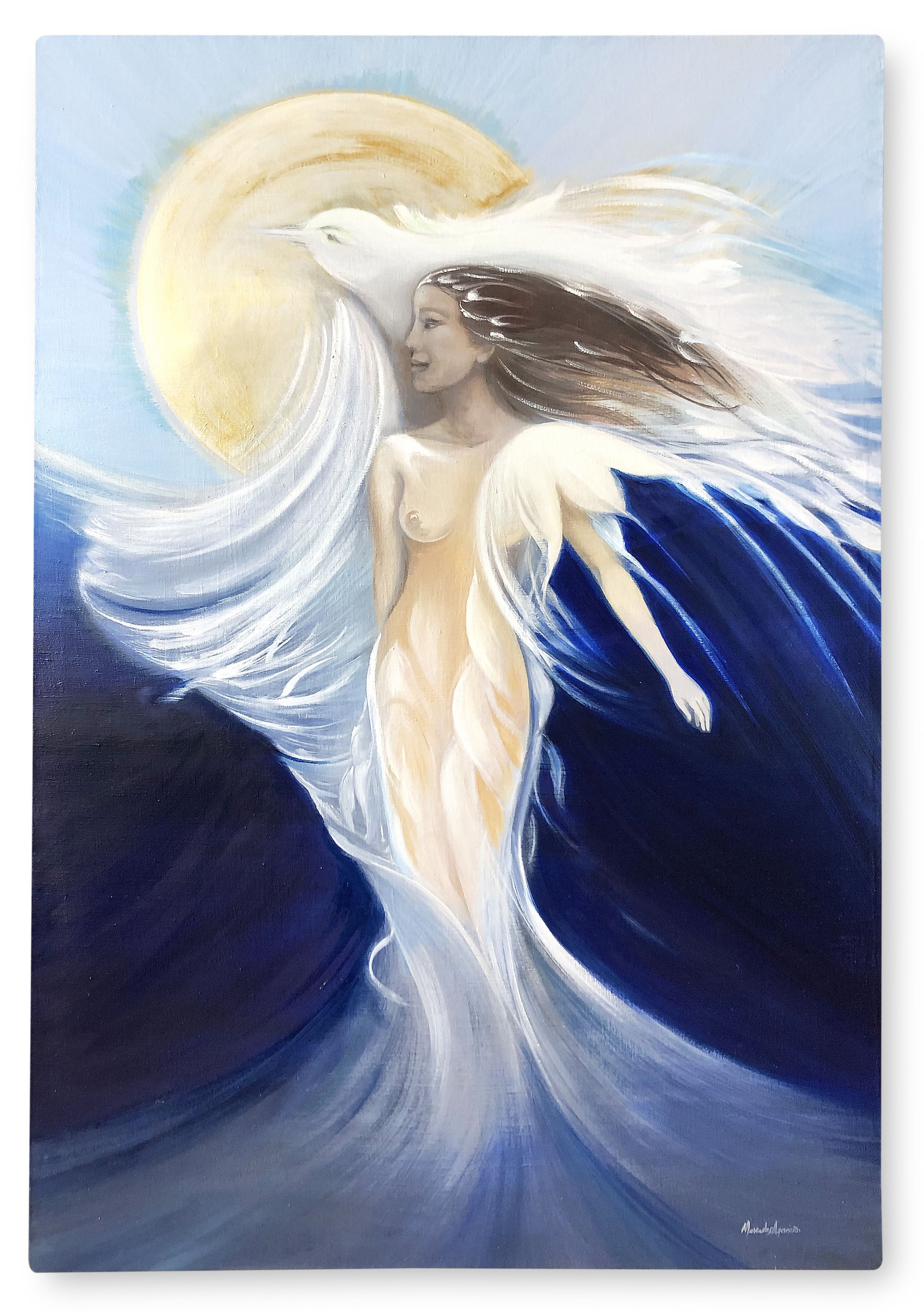 A painting of a woman with a white dove flying in the sky.