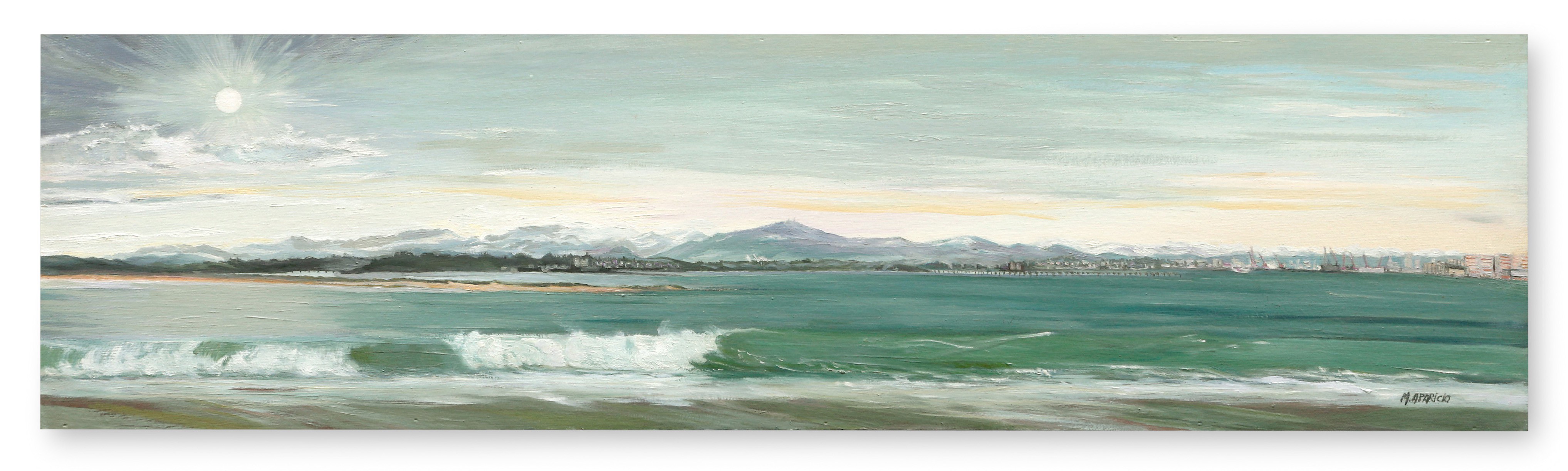 A serene coastal landscape painting featuring a sunlit beach, turquoise ocean waves, and distant snow-capped mountains.