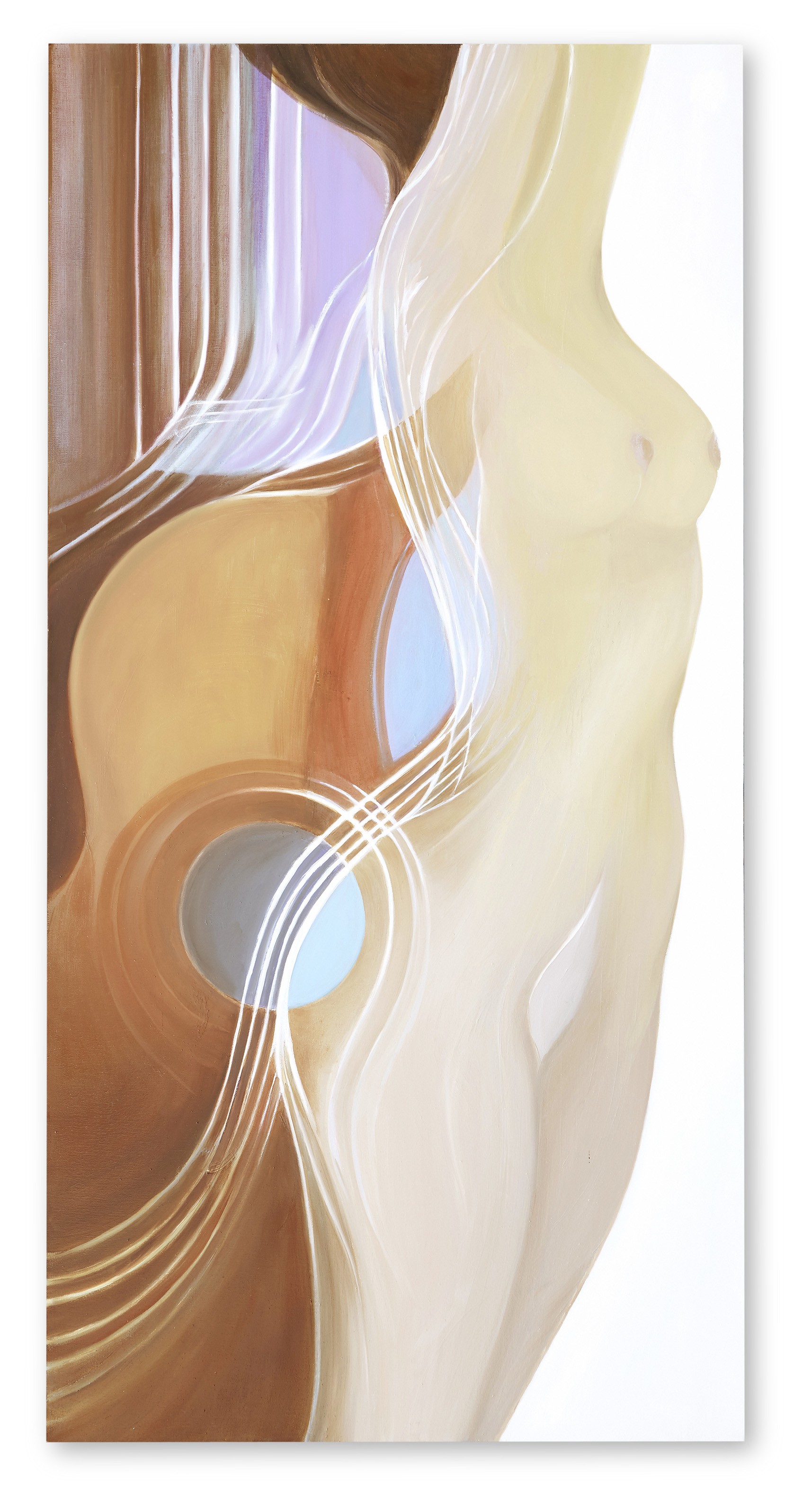 A painting of a woman's torso with long hair. 
