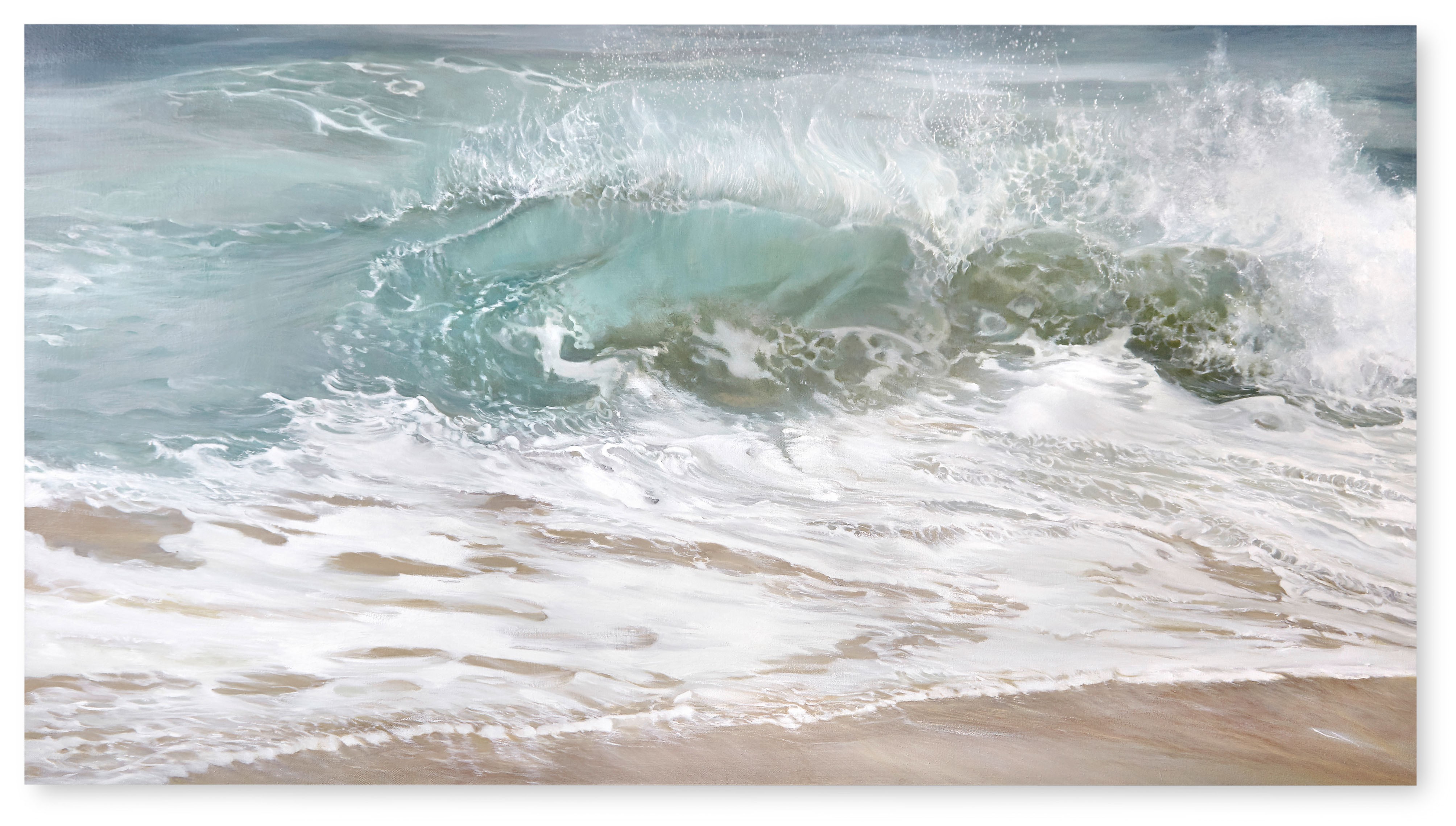 A painting of a wave crashing on the beach.