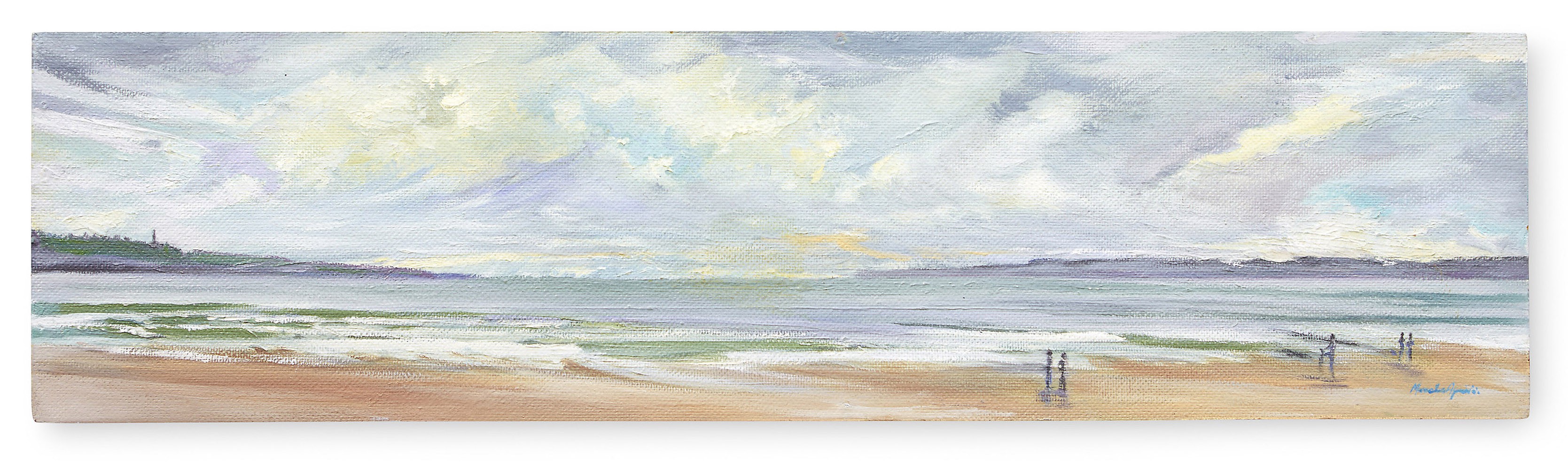 A painting of a beach scene with a cloudy sky.