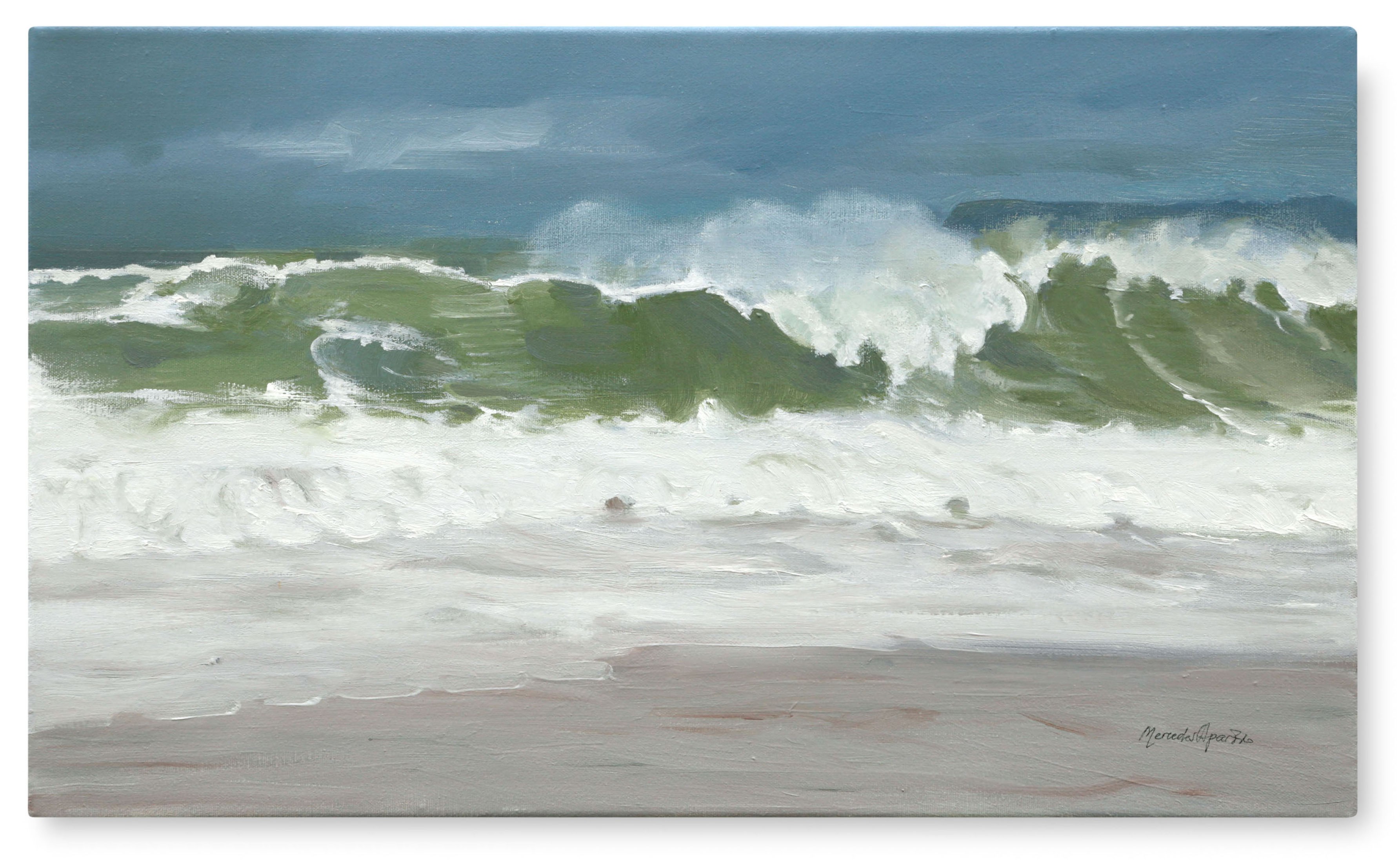 A seascape painting featuring a powerful green wave crashing onto a sandy shore under an overcast sky.