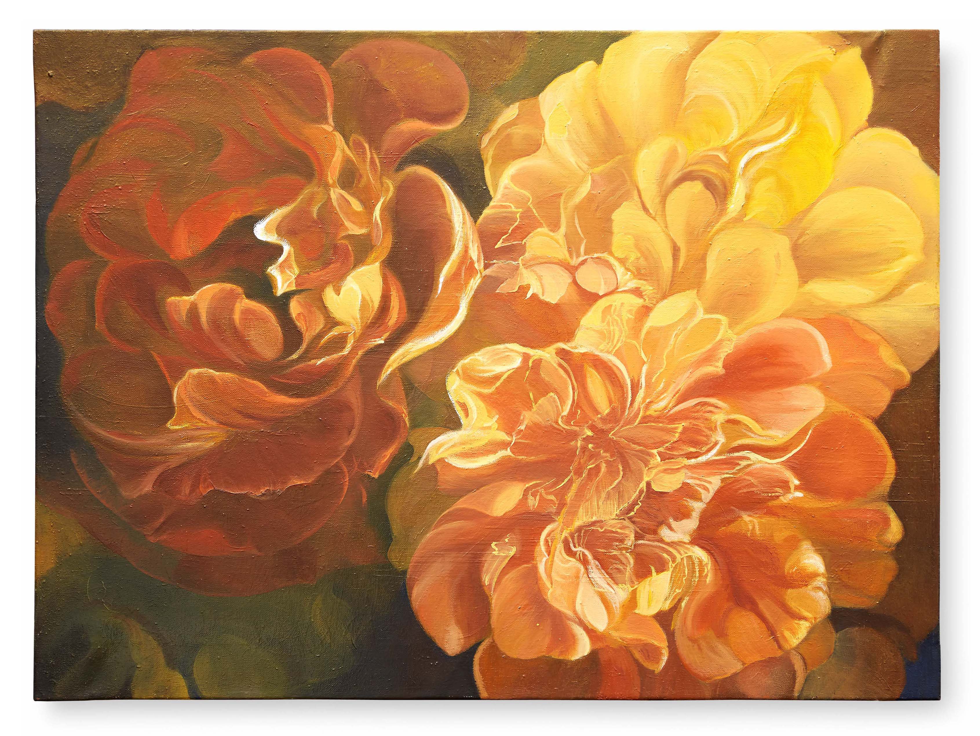 A vibrant floral painting featuring two large, textured flowers in warm tones.