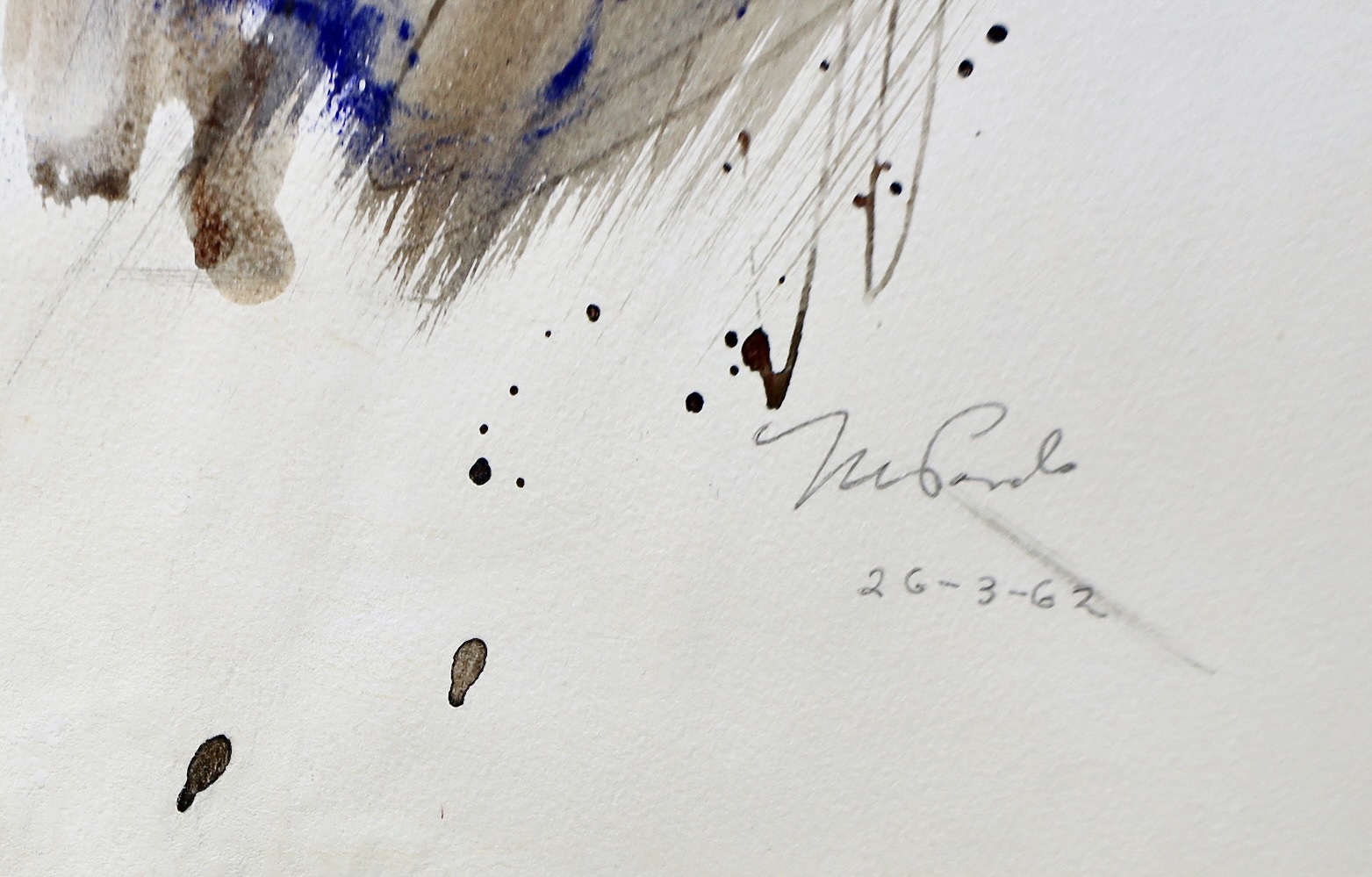 A painting with lots of paint splatters on a white background.