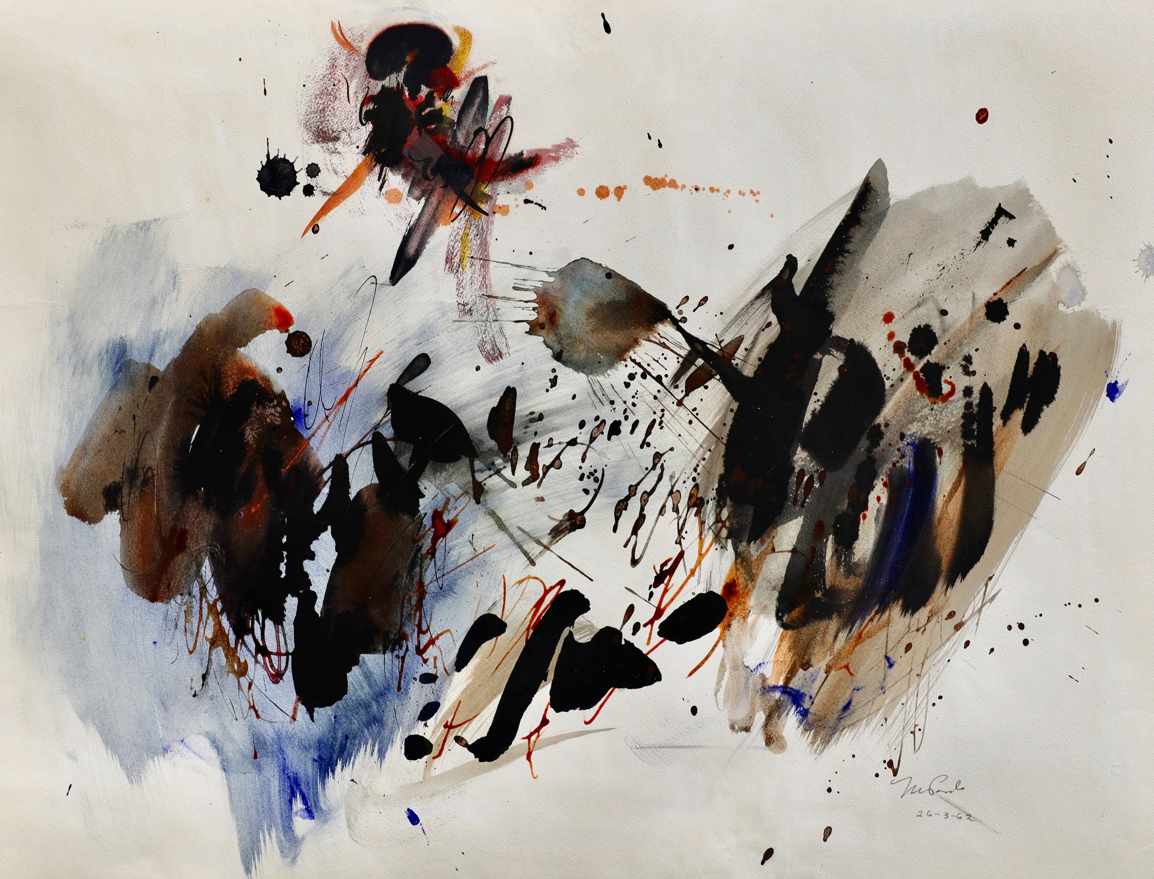 A painting with lots of paint splatters on a white background.