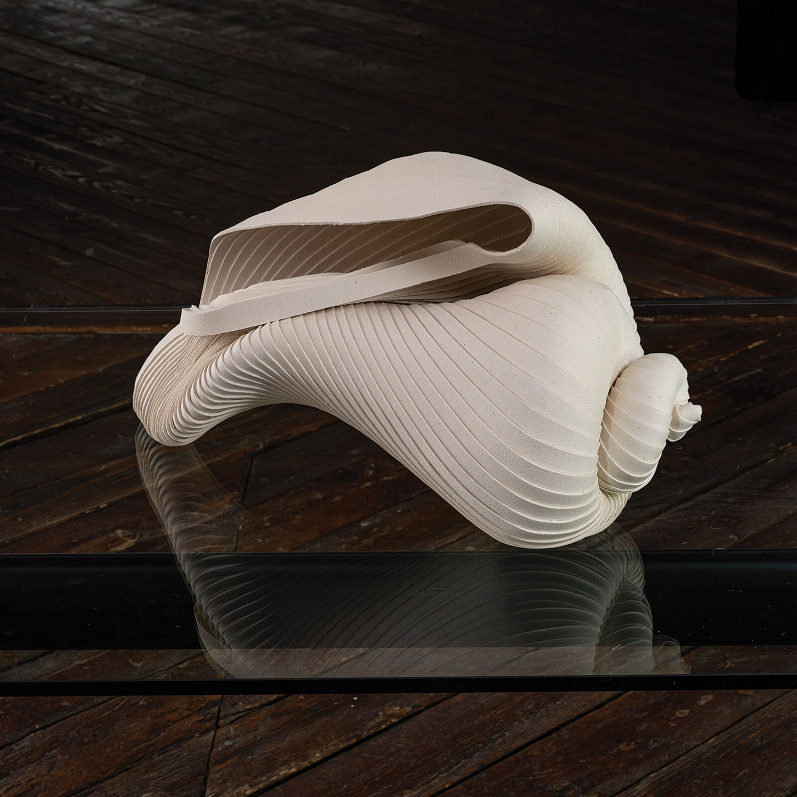 A sculptural piece resembling a folded shell or abstract flower resting on a reflective dark surface.