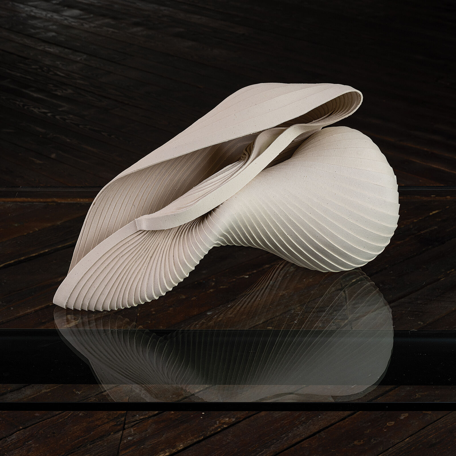 A sculptural piece resembling a folded shell or abstract flower resting on a reflective dark surface.
