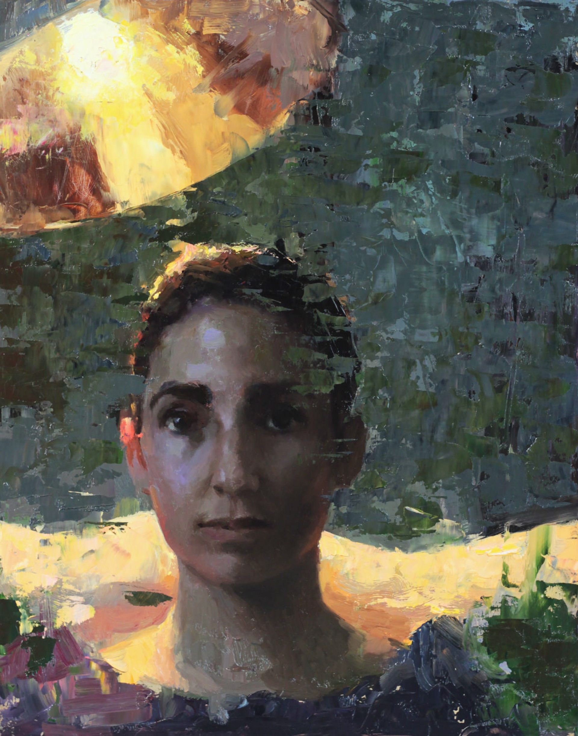 A painting of a woman's face in front of a window.