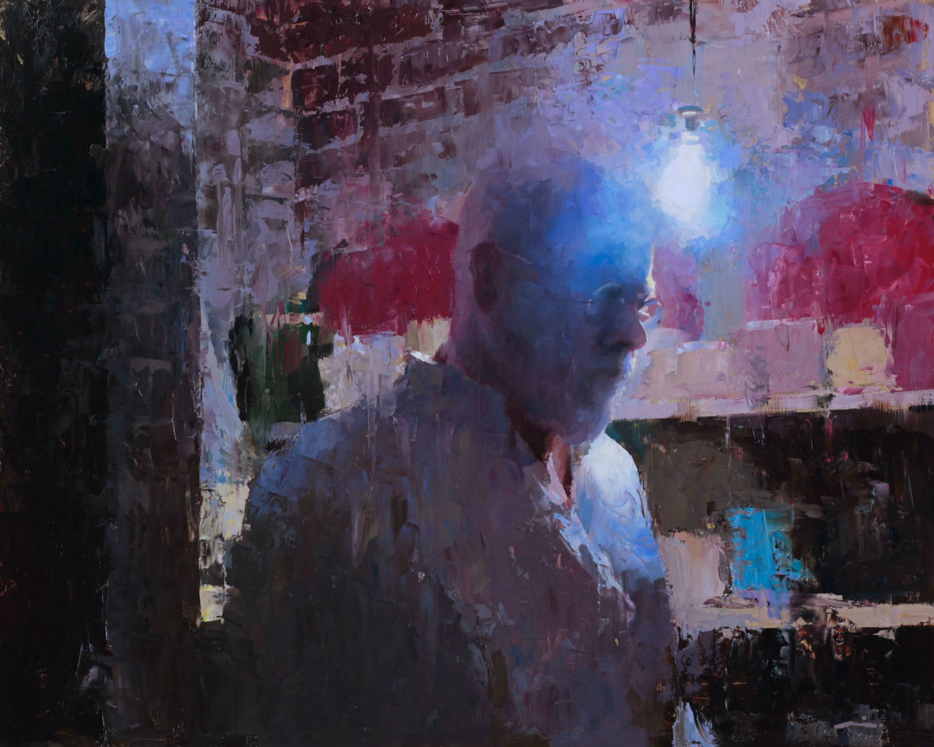 A painting of a man standing in front of a window.