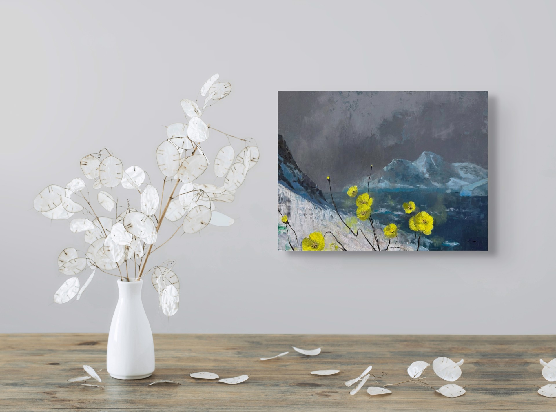 A dramatic landscape painting featuring bright yellow poppies against a dark, moody backdrop of snow-capped mountains.