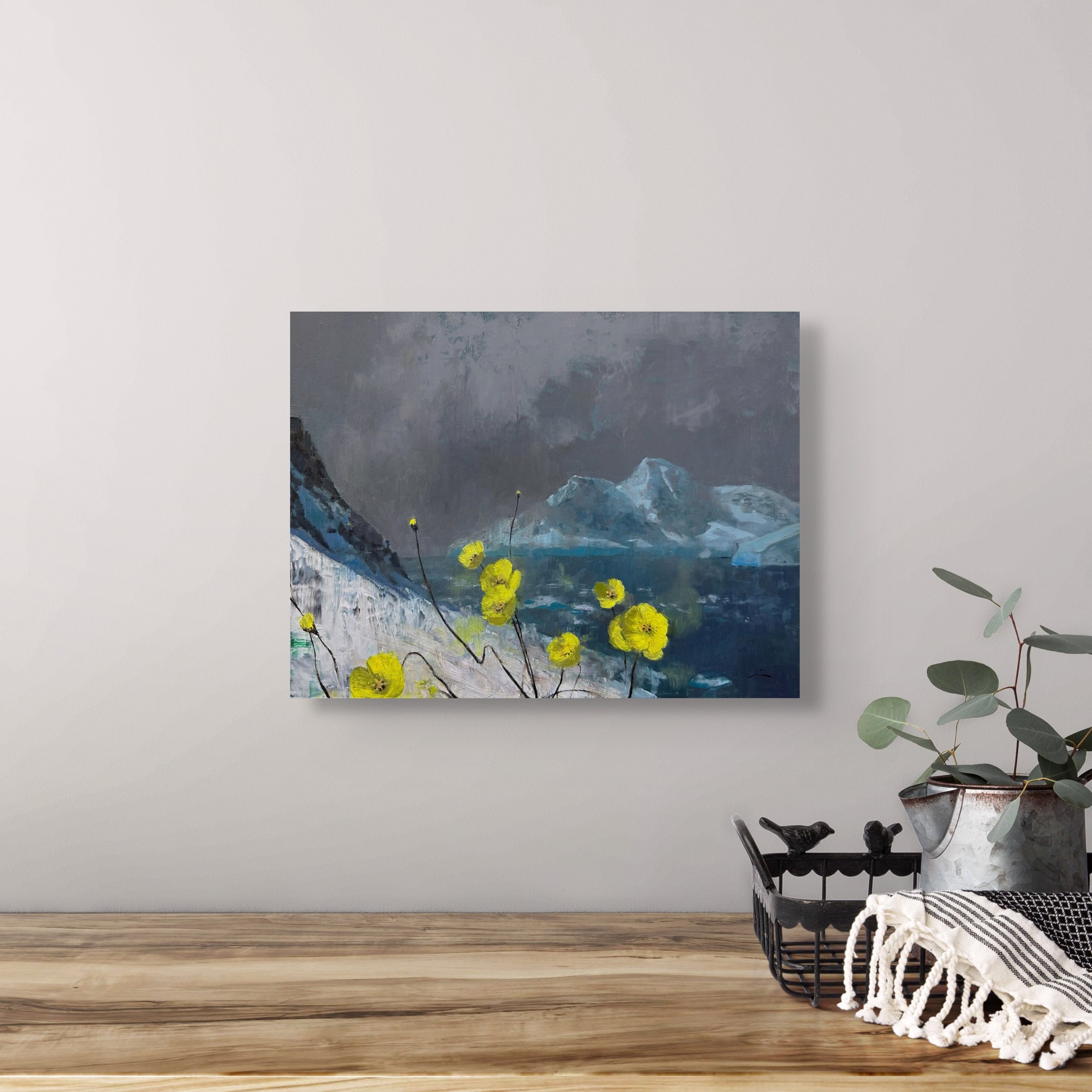 A dramatic landscape painting featuring bright yellow poppies against a dark, moody backdrop of snow-capped mountains.