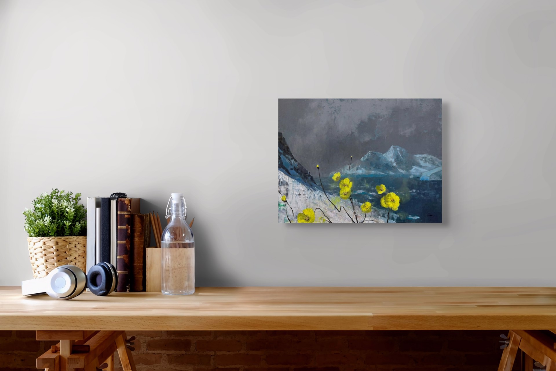 A dramatic landscape painting featuring bright yellow poppies against a dark, moody backdrop of snow-capped mountains.