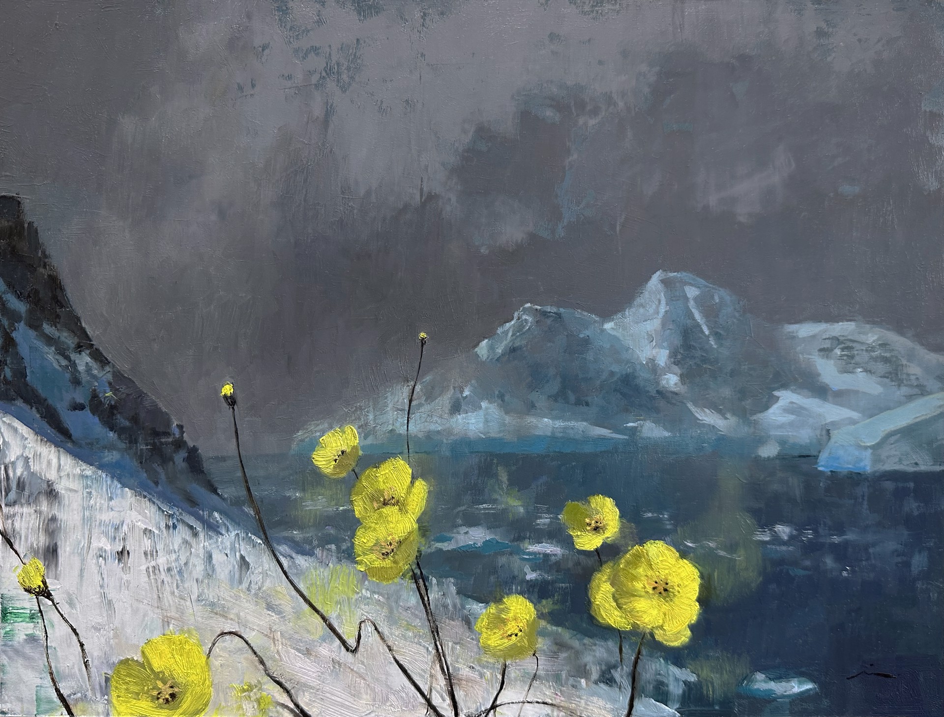 A dramatic landscape painting featuring bright yellow poppies against a dark, moody backdrop of snow-capped mountains.