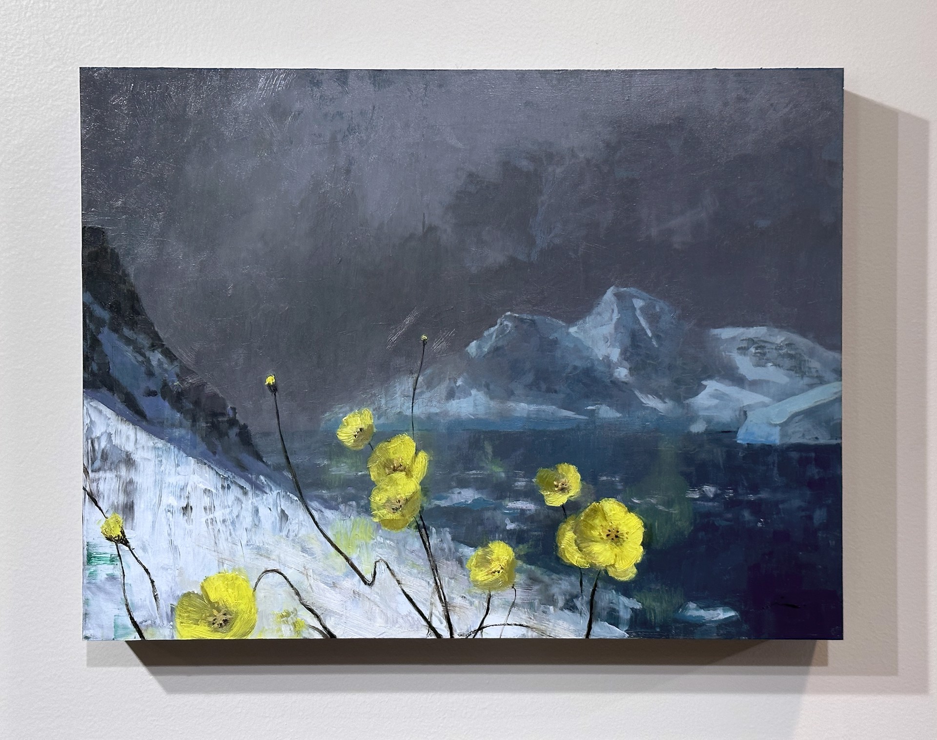 A dramatic landscape painting featuring bright yellow poppies against a dark, moody backdrop of snow-capped mountains.