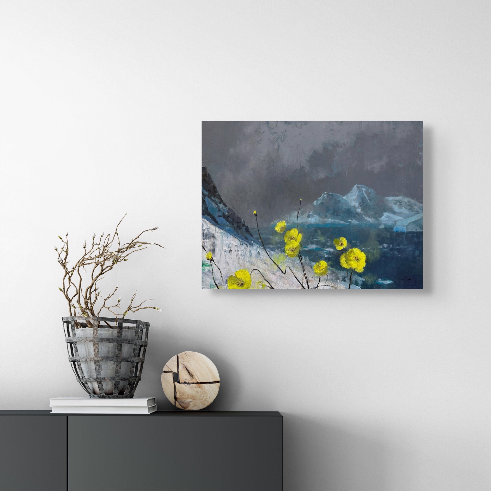 A dramatic landscape painting featuring bright yellow poppies against a dark, moody backdrop of snow-capped mountains.